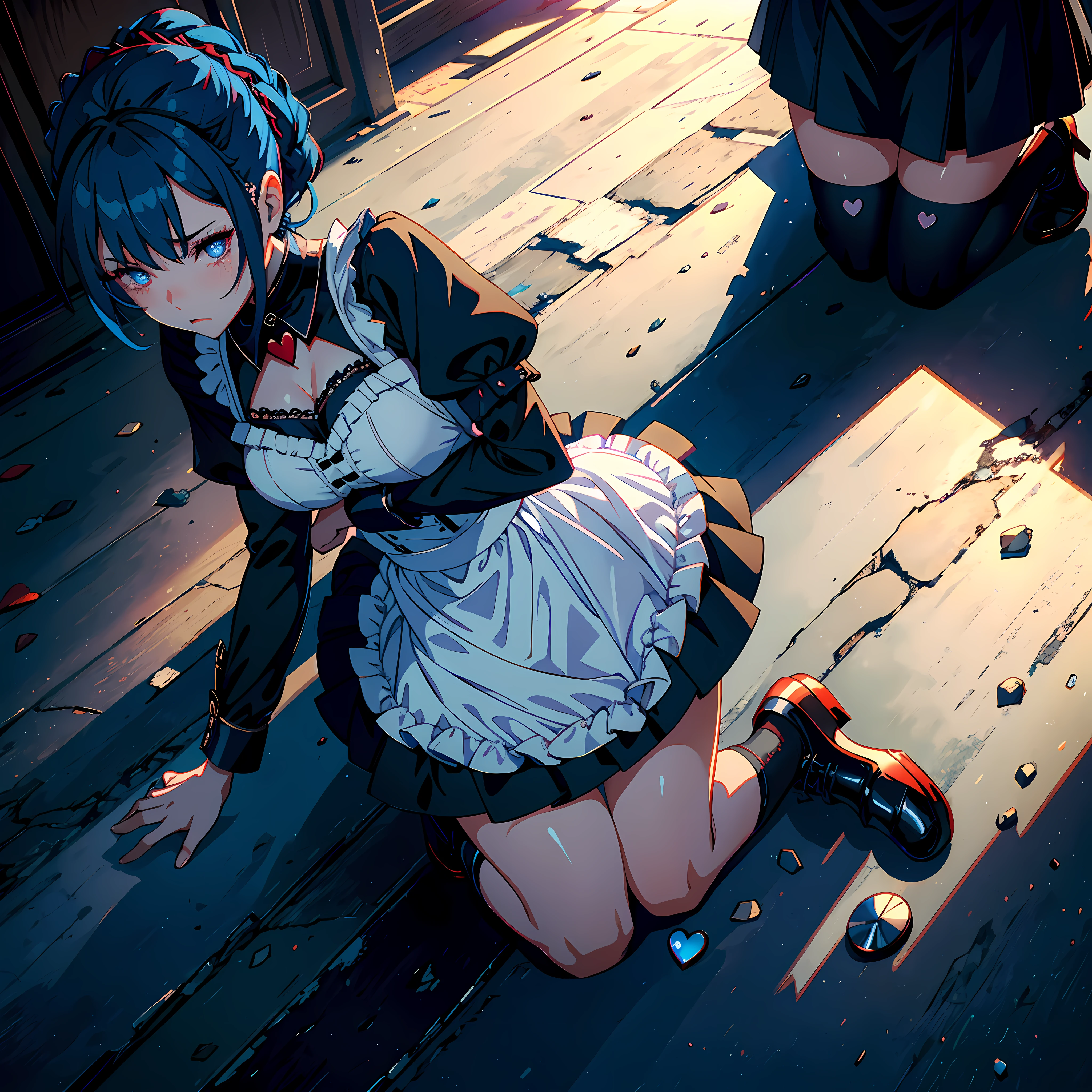 1 woman, Maid outfit, patch, disgraced, Kneel on the ground, blue hair, heart-shaped pupils, frustrated, crying, high detail, super detail, highres, best quality, masterpiece, ccurate, UHD