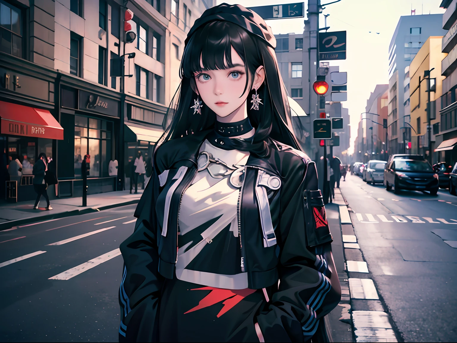 Young woman 25 years old: 1.3, Long black hair: 1.2, Casual wear: 1.2, Daytime: 1.2, On the street: 1.2, Film lighting, Surrealism, UHD, ccurate, Super detail, textured skin, High detail, Best quality, 8k
