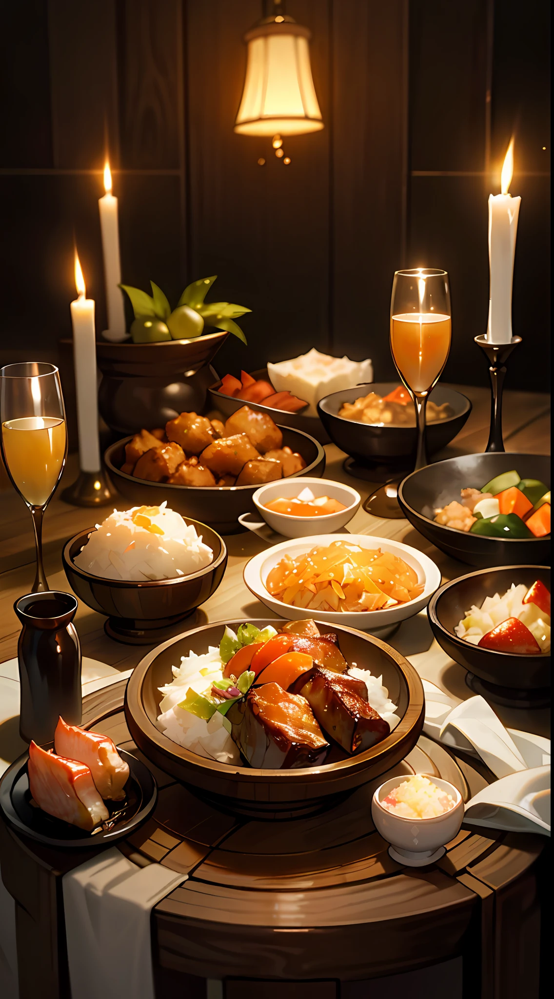 It is a table of delicacies, long wooden tables, multi-course cuisine, fried rice, grilled meat, mashed potatoes, fruit, fish, wine, hot, lamb chops, sushi, delicious, mouth-watering, delicious, luxurious, warm, artistic lighting.