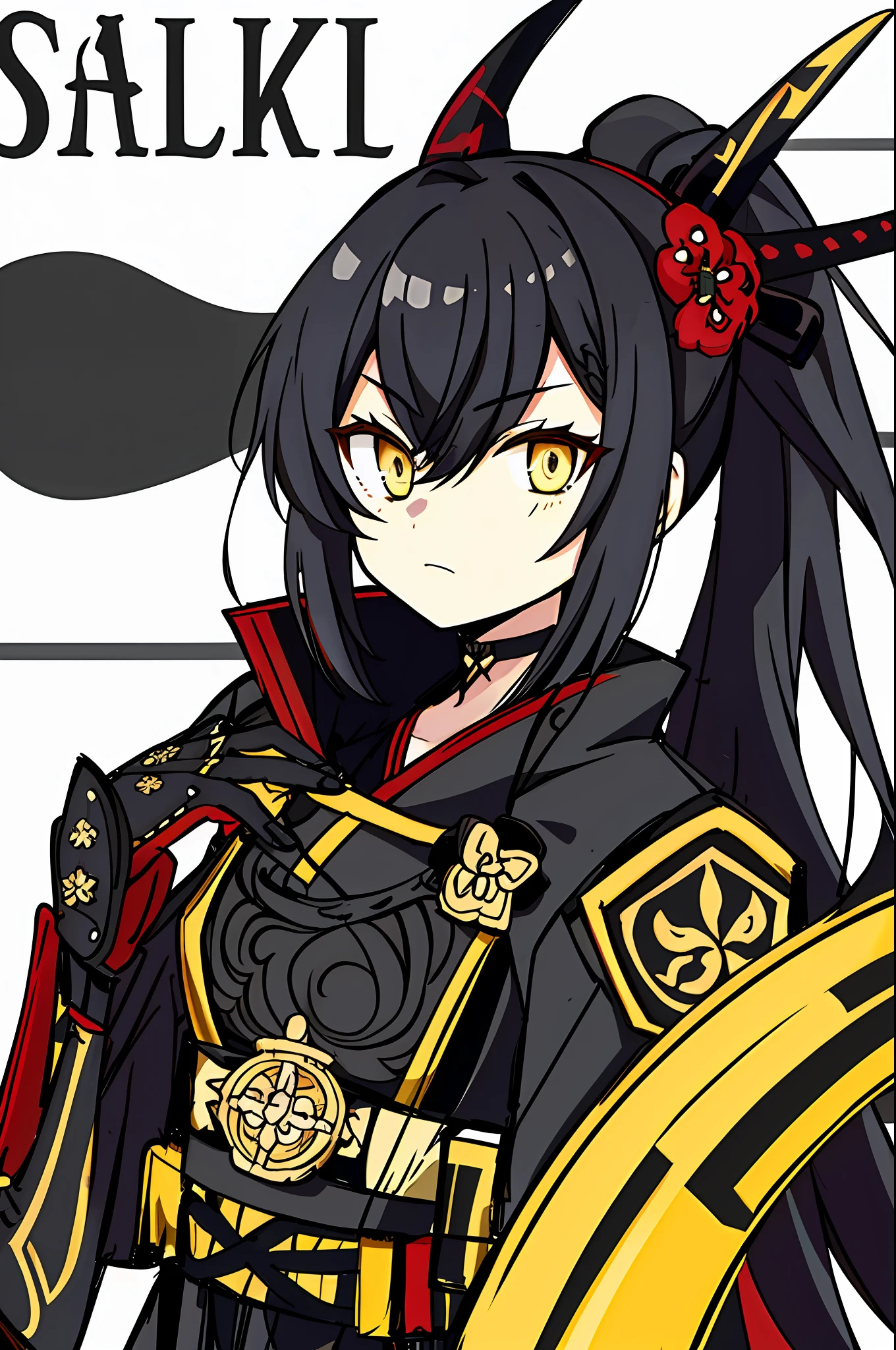 ored and black samurai armor,1girl,jirai kei,solo,yellow eyes,cold attitude, yellow horns ,best quality, {{masterpiece}}, illustration,{{official art}},{{beautiful detailed eyes}},half gloves,black mask,black hair, ponytail ,looking at viewer,