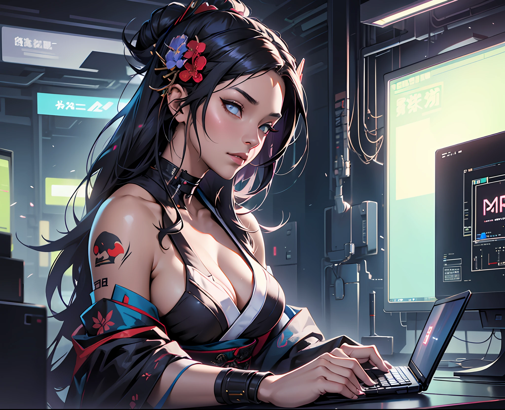 woman with a flower in her hair, holding a katana in her hands, working at a computer, making a presentation on a laptop, hacker, full body, tall body, cyberpunk colors, cyberpunk geisha, cyberpunk photo, cyberpunk art style, professional concept art, realistic anime, perfect composition, bright brush, smooth, clear focus, illustration, ultra-detailed, intricate details, global lighting, oil on canvas, author Greg Rutkowski --auto --s2