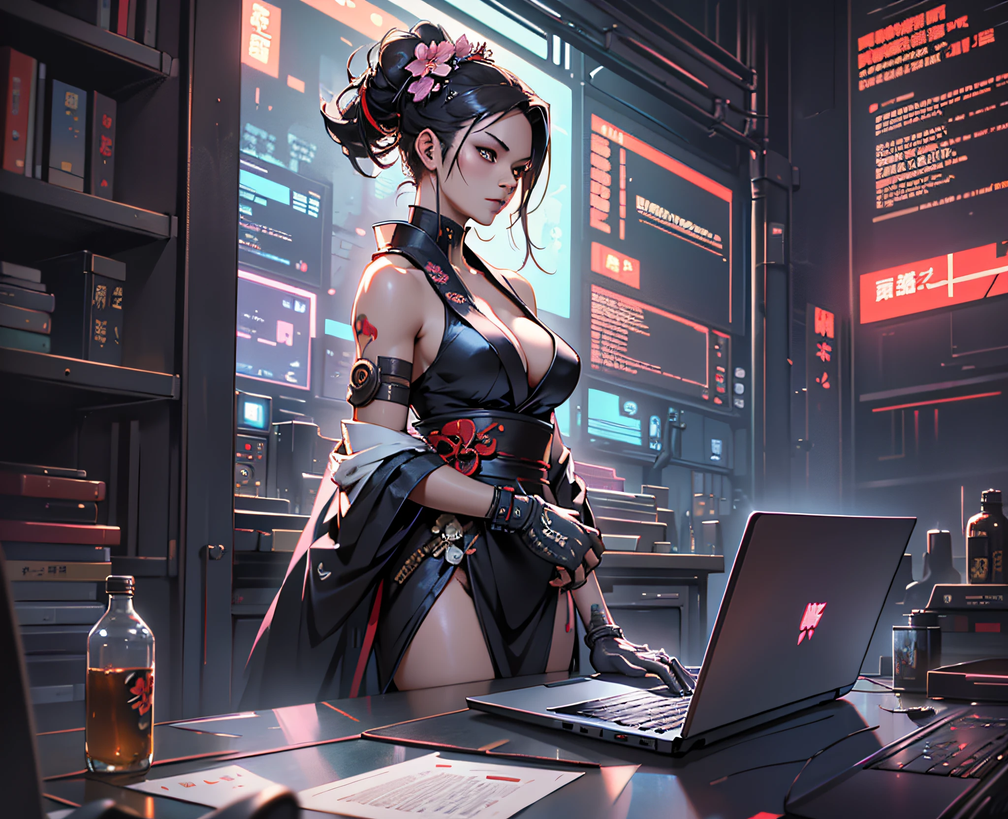 woman with a flower in her hair, holding a katana in her hands, working at a computer, making a presentation on a laptop, hacker, full body, tall body, cyberpunk colors, cyberpunk geisha, cyberpunk photo, cyberpunk art style, professional concept art, realistic anime, perfect composition, bright brush, smooth, clear focus, illustration, ultra-detailed, intricate details, global lighting, oil on canvas, author Greg Rutkowski --auto --s2