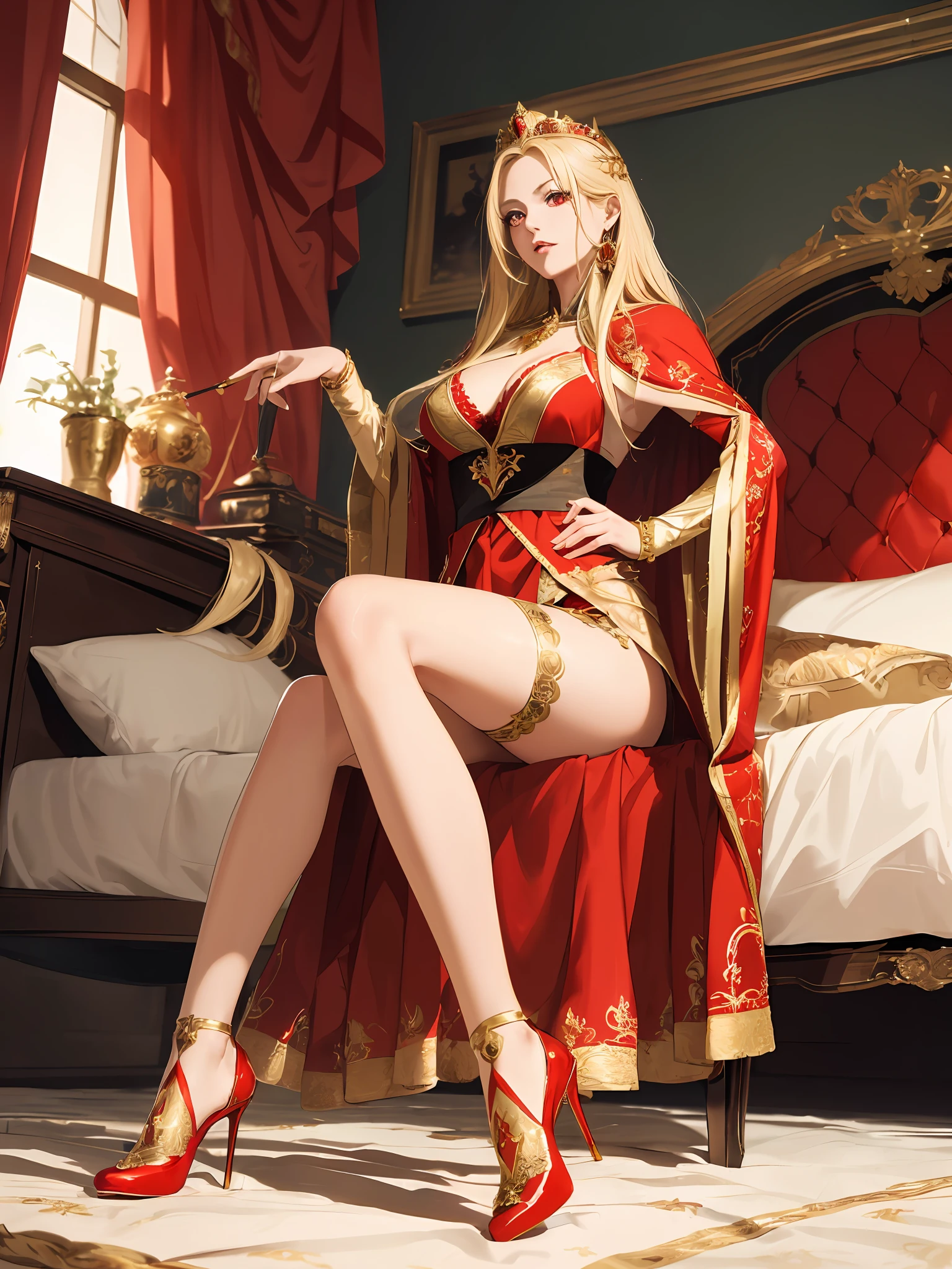 (((Masterpiece, highest quality, high definition, high detail)))), ((((Fantasy))), Alone, (((Fine Long Blonde Straight Hair)))), Destruction, (((Queen on the Bed))))), Tilting Face, Noble, (((Fine Red Eyes))), ((Fine Red Cape with Golden Embroidery))))), ((Red dress with fine slits with gold embroidery)))), Looking down, big, cleavage, red fine fishnet stockings, (((legs crossed)), (stepping on heels)), ((from below))