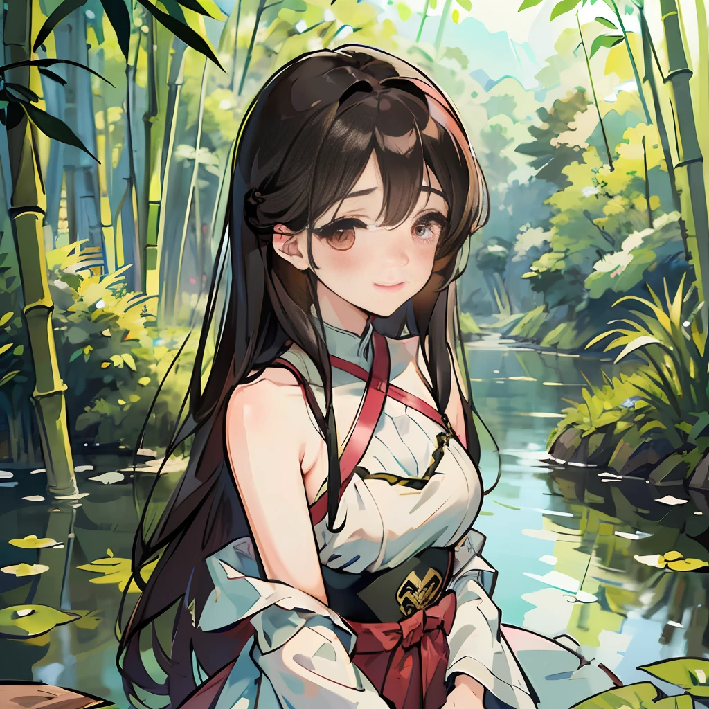 Masterpiece, best quality, official art, 8k wallpaper, very detailed, illustration, 1 girl, cute, smile, blush, dark hair, long hair, (blush), (tease: 1.3), bamboo forest, bare shoulders, lake water, pure, embarrassed woman