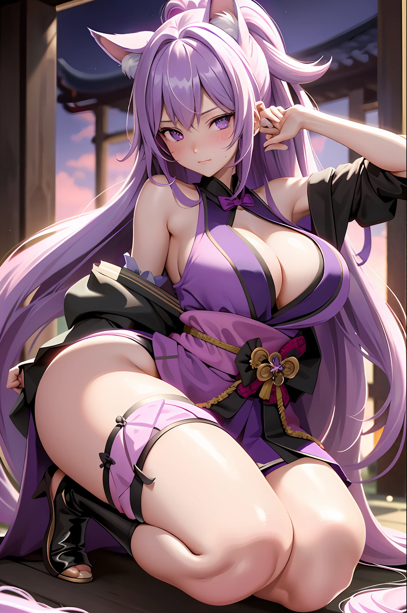 Masterpiece, Best Quality, Multiple Girls, Tits, 2Girls, Yae Witch, Raiden Shogun, Purple Eyes, Pink Hair, Japanese Costume, Purple Hair, Big Breasts, Long Hair, Cleavage, Hair Accessories, Thighs, Purple Kimono, Stockings, Bangs, Animal Ears, Sleeve Removal, Fox Ears, Wide Sleeves, Kimono, Moon, Weapon, Braid, (KBXLL: 0.8), Glasses,  Armpits, Squat, Kneeling, Two Girls, Sweating, Blushing