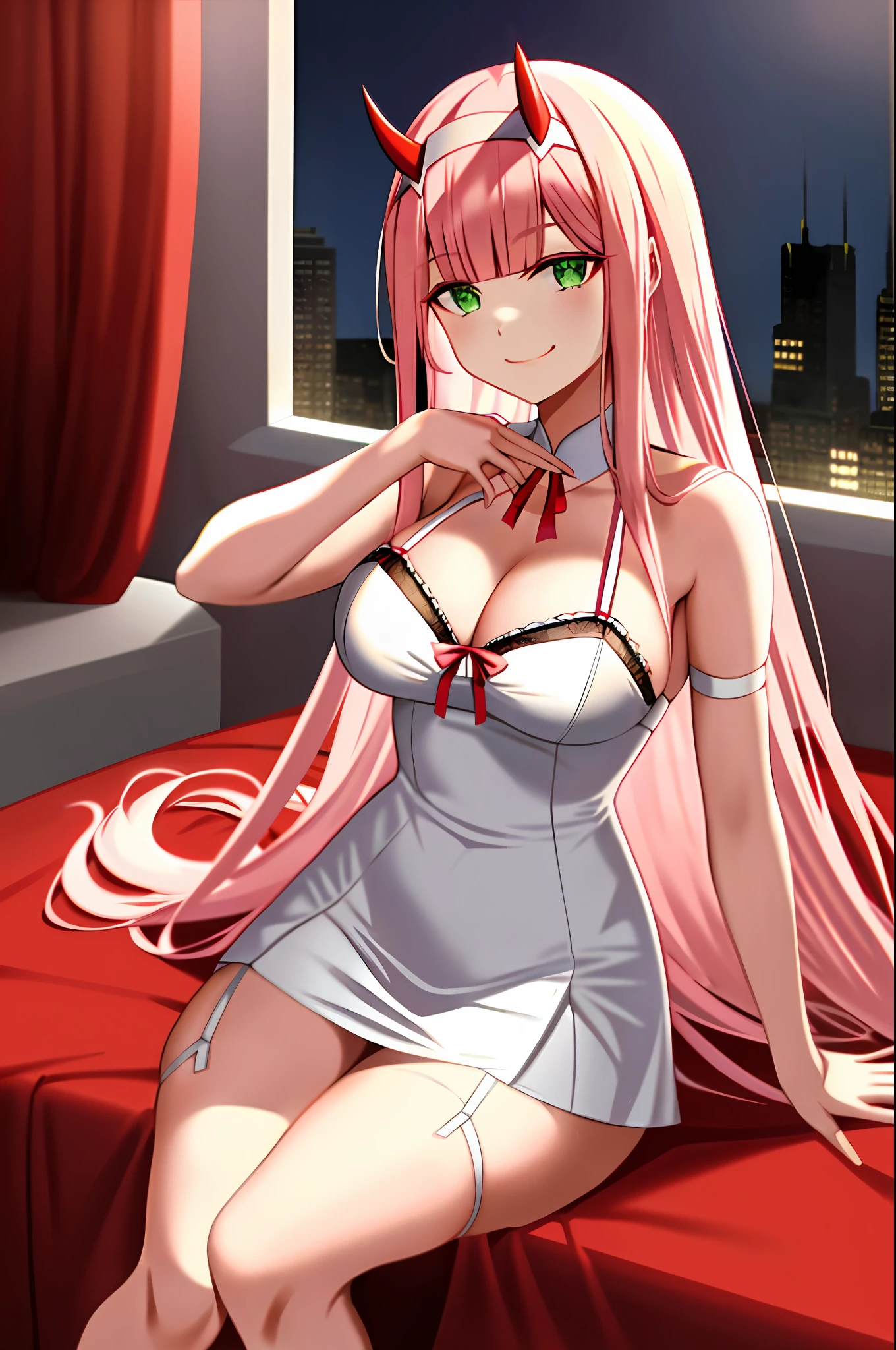 zero two \(darling in the franxx\), darling in the franxx, 1girl, bangs, bedroom, green eyes, hairband, horns, long hair, oni horns, pink hair, red horns, smile, solo, sit, white hairband, ((masterpiece)), night dress, sexy pose, breast out, lingerie, garter straps, stocking, hands behind,