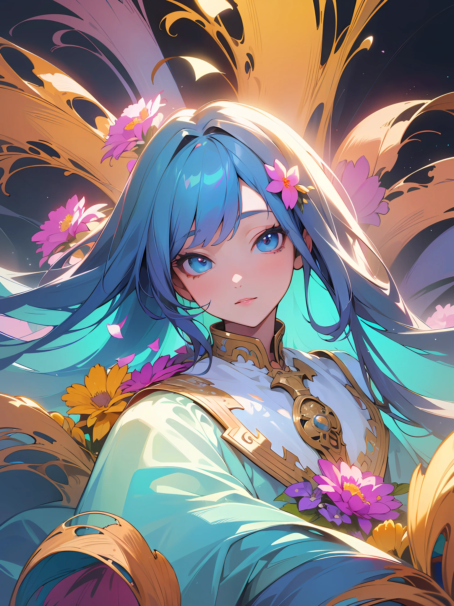 Masterpiece, high resolution, super detailed, 1 girl, solo, highly detailed eyes, (official art, beautiful and aesthetic: 1.2), (fractal art: 1.3), colorful, (lots of flower effects: 1.4), lots of petals, beautiful light