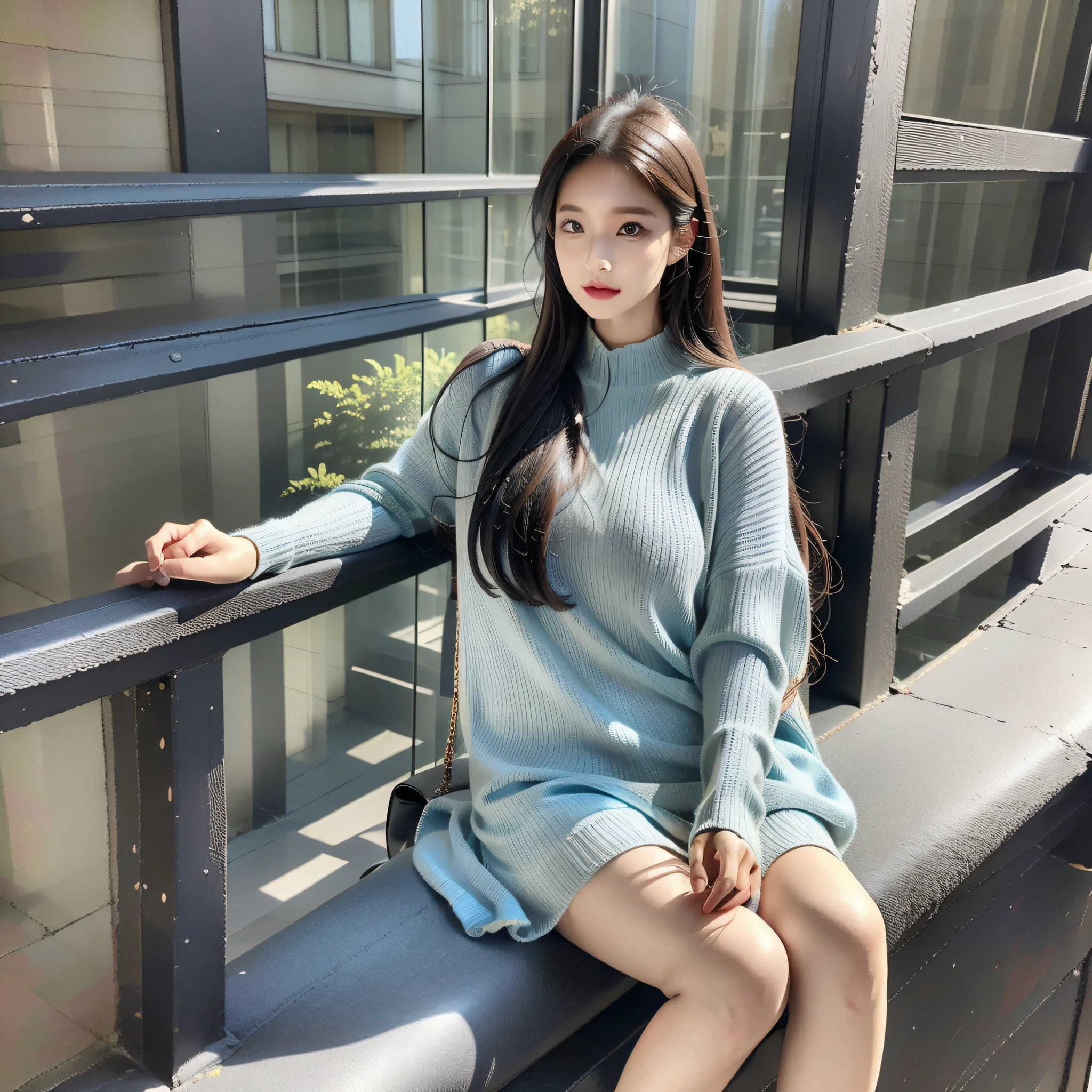 arafed image of a woman sitting on a ledge with a purse, blue outfit, blue sweater, multilayered outfit, blue clothes, blue soft details, blue, korean women's fashion model, sakimichan, blue and grey, designed for cozy aesthetics!, dressed with long fluent clothes, casual clothing style, pale blue outfit, blue monochromatic, grey