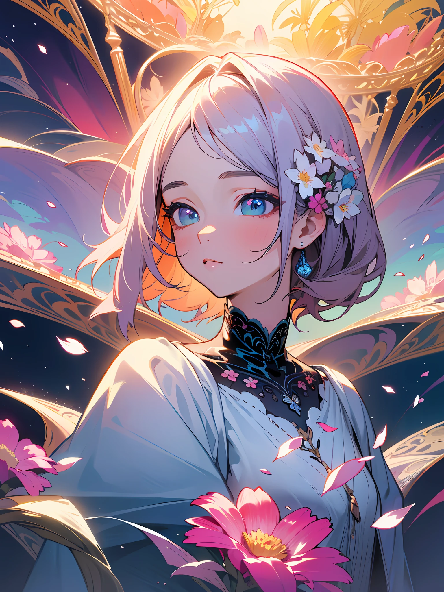 Masterpiece, high resolution, super detailed, 1 girl, solo, highly detailed eyes, (official art, beautiful and aesthetic: 1.2), (fractal art: 1.3), colorful, (lots of flower effects: 1.4), lots of petals, beautiful light