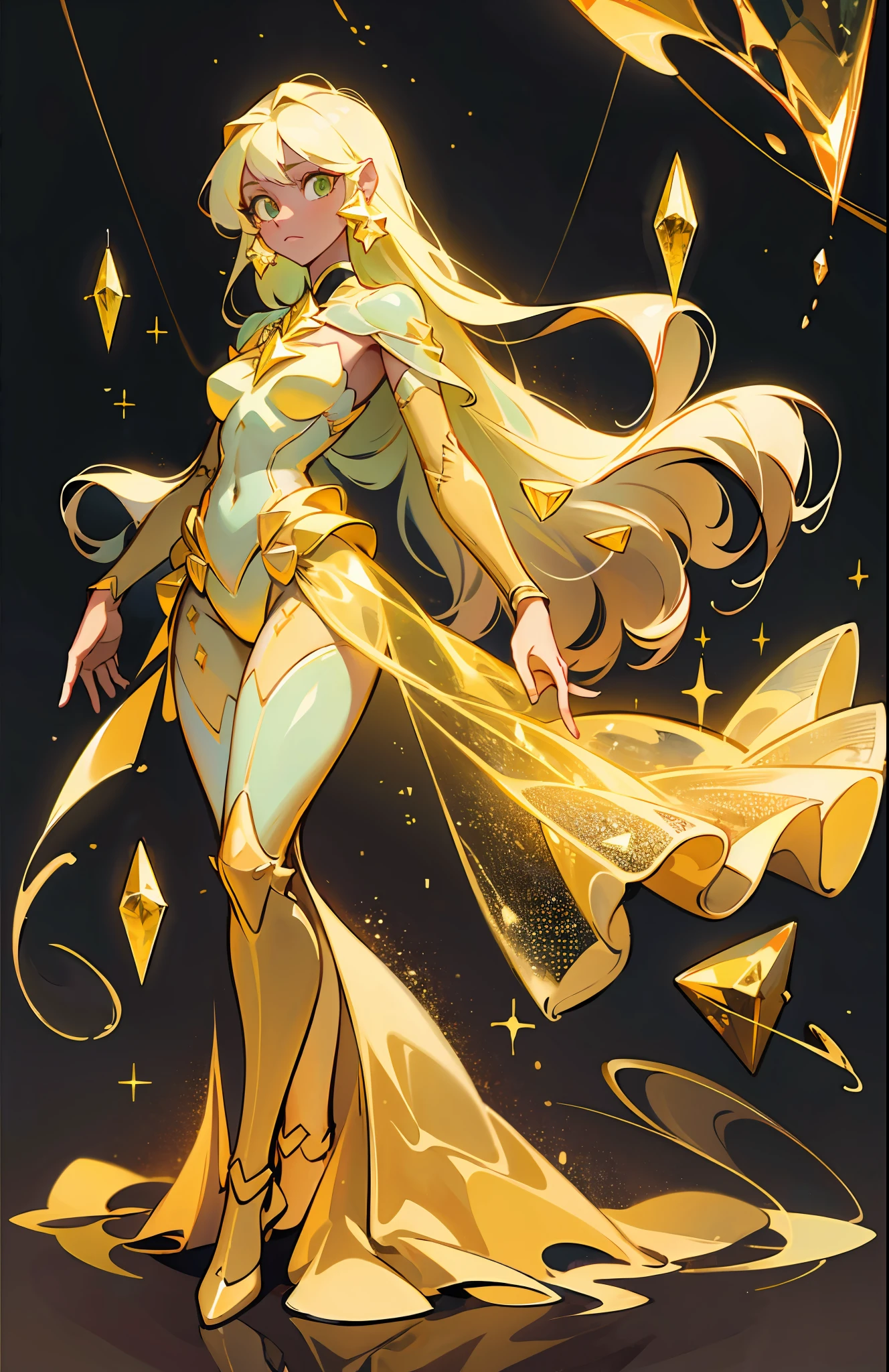 (best quality, masterpiece), 1 girl, yellow diamonds mineral, beautiful full body concept art, simple dark background, looking at viewer, gold long hair, mineral, (best quality, masterpiece), 1 girl, yellow diamonds mineral, beautiful full body concept art, straight long legs, simple dark background, looking at viewer, gold long hair, mineral, ethereal, fantasy, laser transparent, --v6