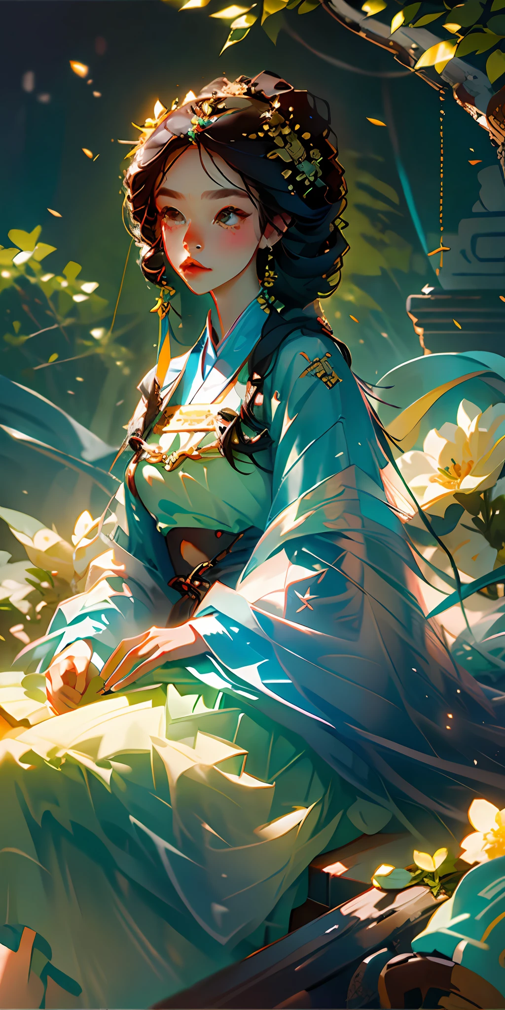 (Masterpiece, best quality), 1 girl sitting in field of greenery and flowers, clear face, ancient Chinese costume, Hanfu, ancient hair ornament, jewelry, sunshine, epic composition, highest quality, 8K