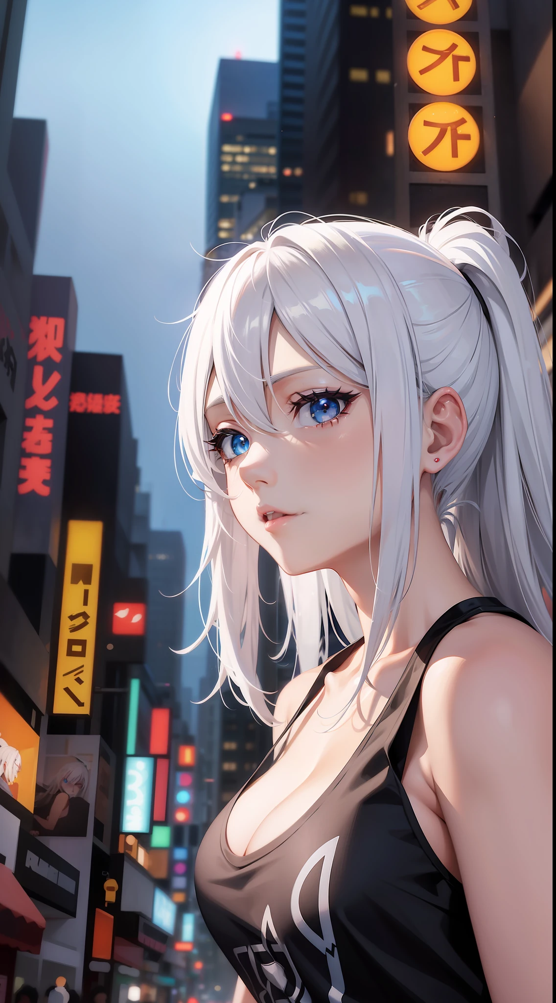 Anime girl with white hair and blue eyes in the city, seductive anime girl, T-shirt, perfect girl with white hair, girl with white hair, detailed digital anime art, beautiful anime girl, anime style 4 K, anime art wallpaper 8 K, beautiful and seductive anime woman, advanced digital anime art, beautiful anime woman, 4k anime wallpaper, anime art wallpaper 4k, gray hair, orange light sign, led light