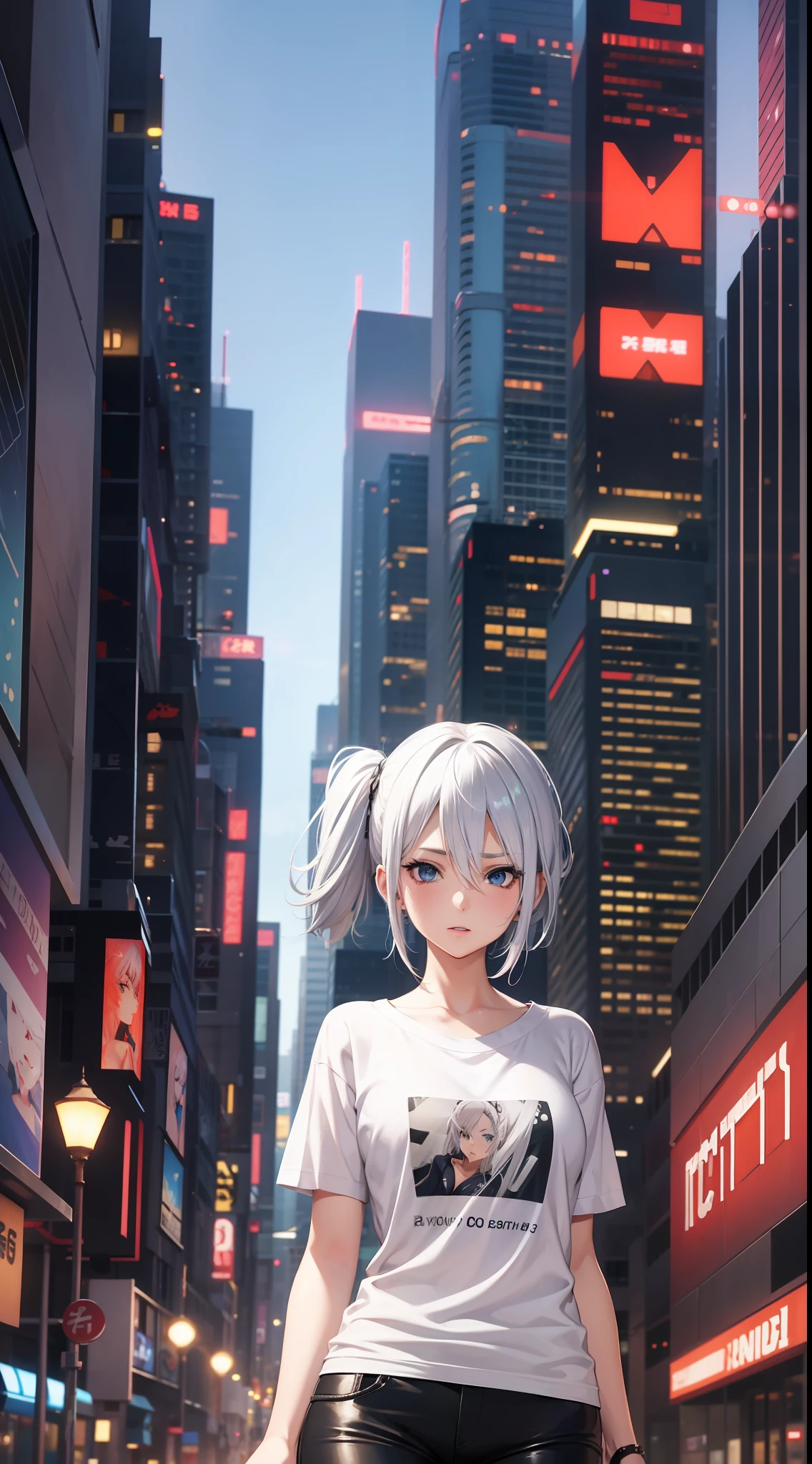 Anime girl with white hair and blue eyes in the city, seductive anime girl, T-shirt, perfect girl with white hair, girl with white hair, detailed digital anime art, beautiful anime girl, anime style 4 K, anime art wallpaper 8 K, beautiful and seductive anime woman, advanced digital anime art, beautiful anime woman, 4k anime wallpaper, anime art wallpaper 4k, gray hair, orange light sign, led light