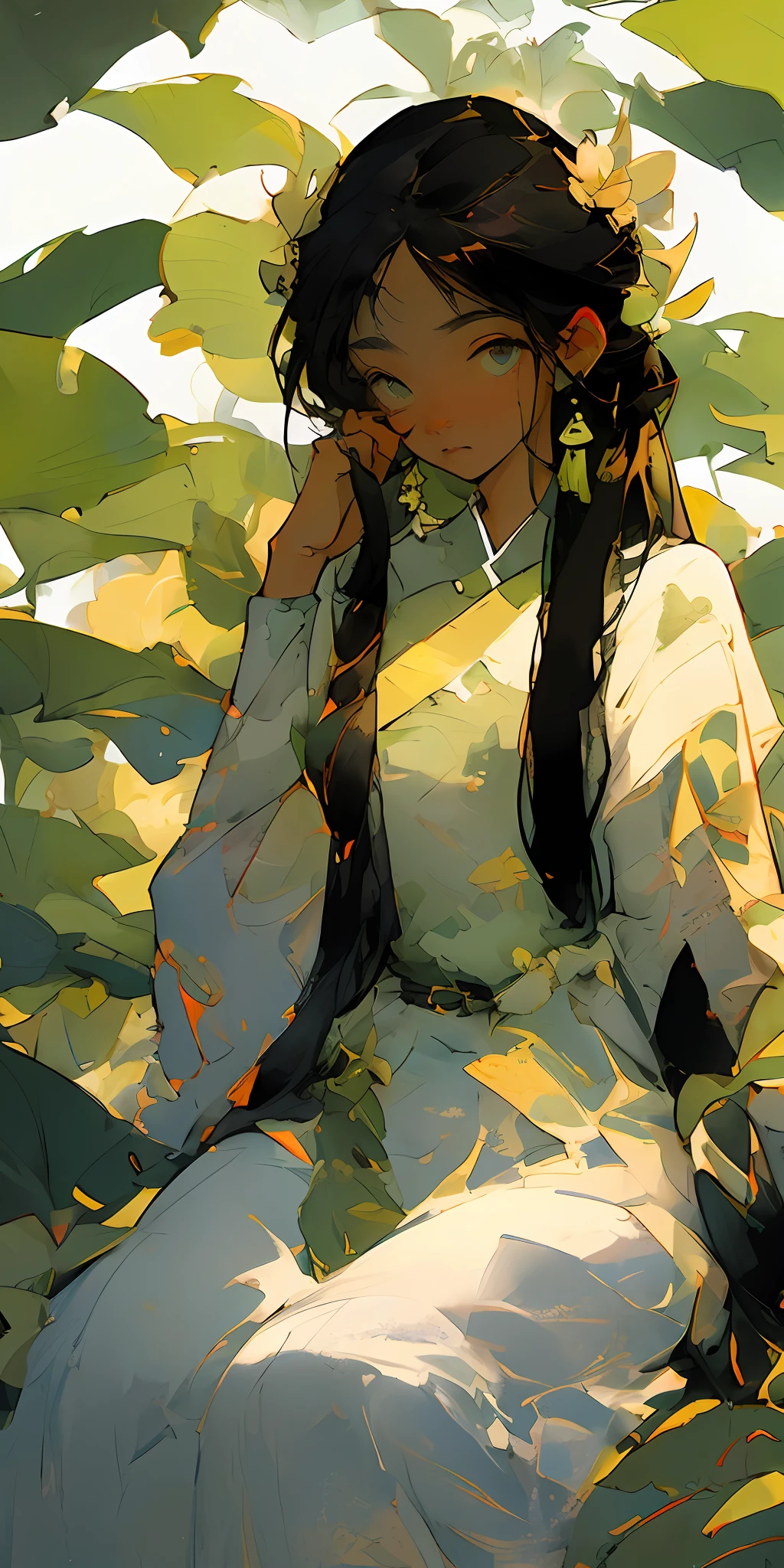 (Masterpiece, best quality), 1 girl sitting in field of greenery and flowers, clear face, ancient Chinese costume, Hanfu, ancient hair ornament, jewelry, sunshine, epic composition, highest quality, 8K