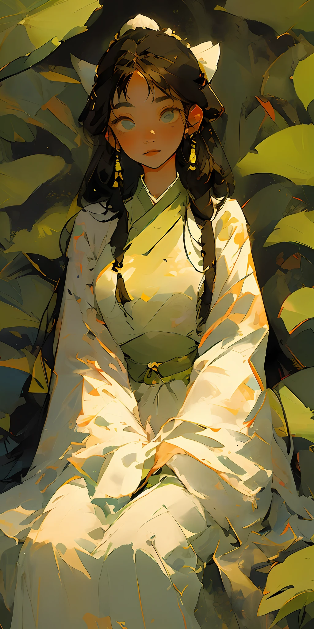 (Masterpiece, best quality), 1 girl sitting in field of greenery and flowers, clear face, ancient Chinese costume, Hanfu, ancient hair ornament, jewelry, sunshine, epic composition, highest quality, 8K