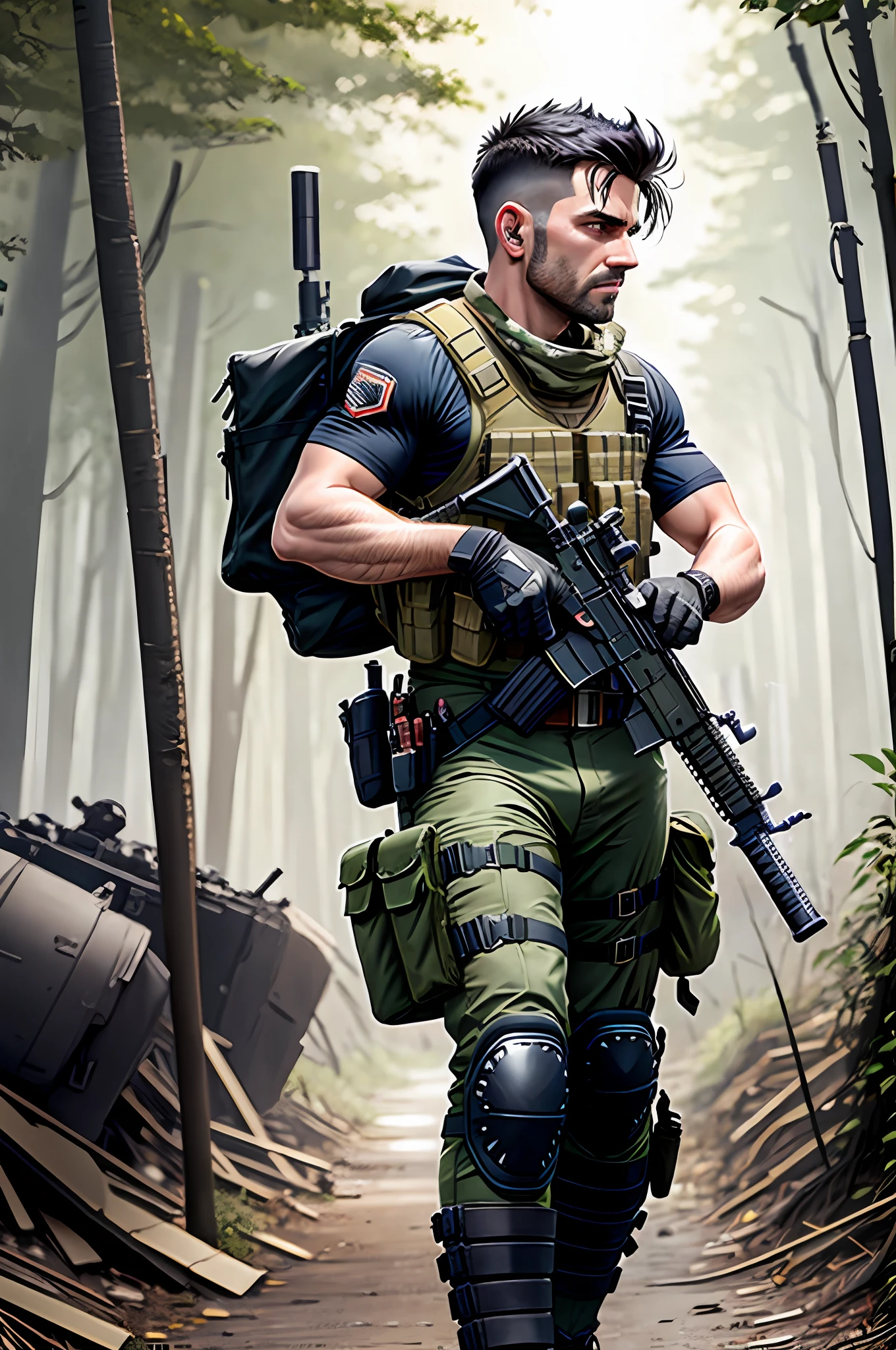 boots, british male, full body, aiming and firing a m16, m16a2, assault rifle, knee pads, male focus, military, blue military uniform, pouch, black hair, clean-shaven, solo, assault vest, drop-down pistol holster, jungle background, battle, tanks, explosions, gritty war-torn atmosphere, black ops, rifle, ar15, colt,