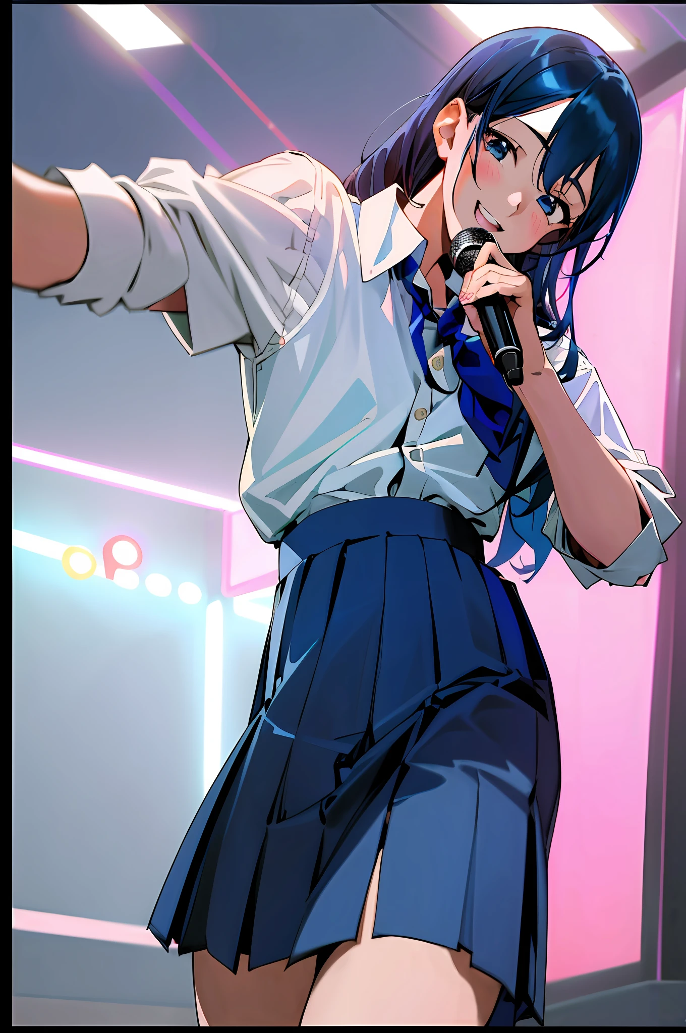 (Girl holding microphone in karaoke box: 1.2, high school uniform: 1.5, dark blue skirt, white shirt), young cute gravure idol, young sensual gravure idol, realistic young gravure idol, young gravure idol, young thin gravure idol, cute seductive smile, Japan model, sophisticated gravure idol, (high quality, 8k)