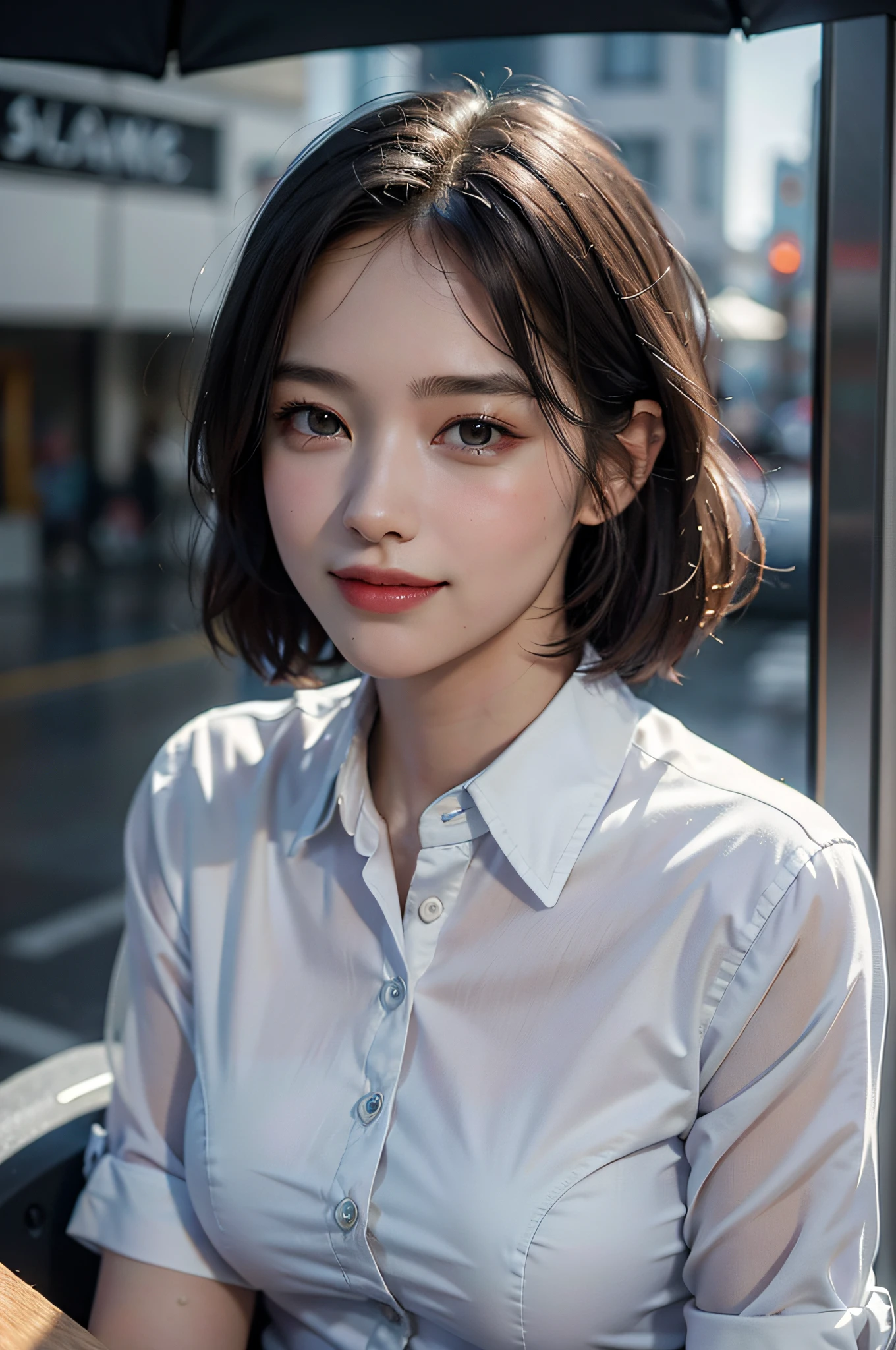 (8k, best quality, masterpiece:1.2), (realistic, photo-realistic:1.37), ultra-detailed, 1 girl,cute, solo,beautiful detailed sky,detailed office,night,sitting,(nose blush),(smile:1.15),(closed mouth) , medium breasts,beautiful detailed eyes,(collared shirt:1.1), night, wet,business attire, rain, (short hair:1.2), pureerosface_v1, computer, detail finger, beautiful detailed face,