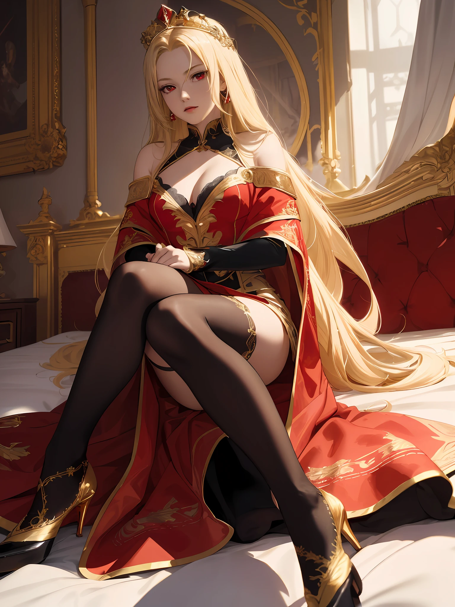 (((Masterpiece, highest quality, high definition, high detail)))), ((((Fantasy))), Alone, (((Fine Long Blonde Straight Hair)))), Destruction, (((Queen on the Bed))))), Tilting Face, Noble, (((Fine Red Eyes))), ((Fine Red Cape with Golden Embroidery))))), ((Red dress with fine slits with gold embroidery)))), Looking down, big, cleavage, (((fine red tights)), (legs crossed)), (heels)), (from below))