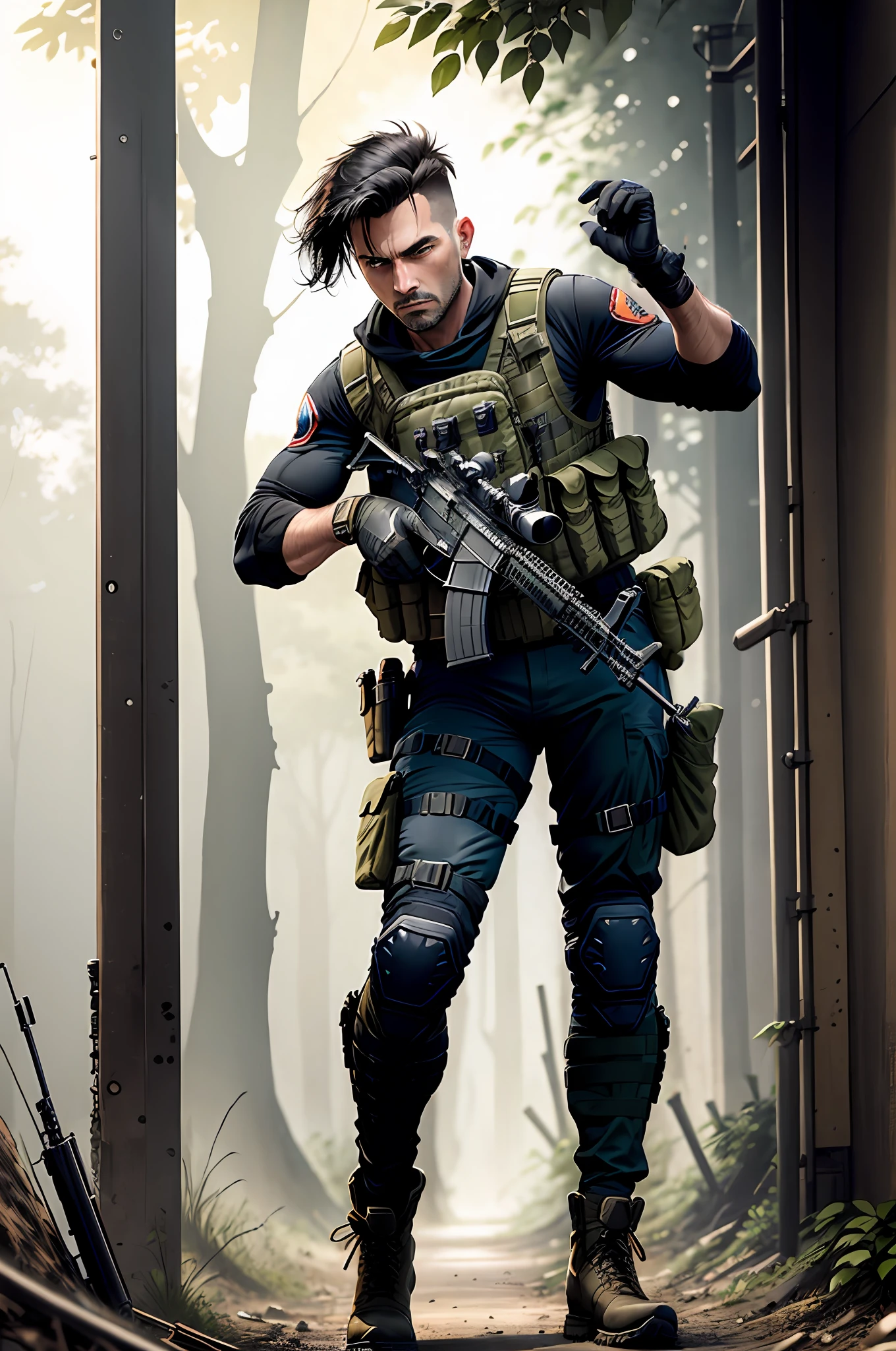 boots, british male, full body, aiming and firing a m16, m16a2, assault rifle, knee pads, male focus, military, blue military uniform, pouch, black hair, clean-shaven, solo, assault vest, drop-down pistol holster, jungle background, battle, tanks, explosions, gritty war-torn atmosphere, black ops, rifle, ar15, colt,