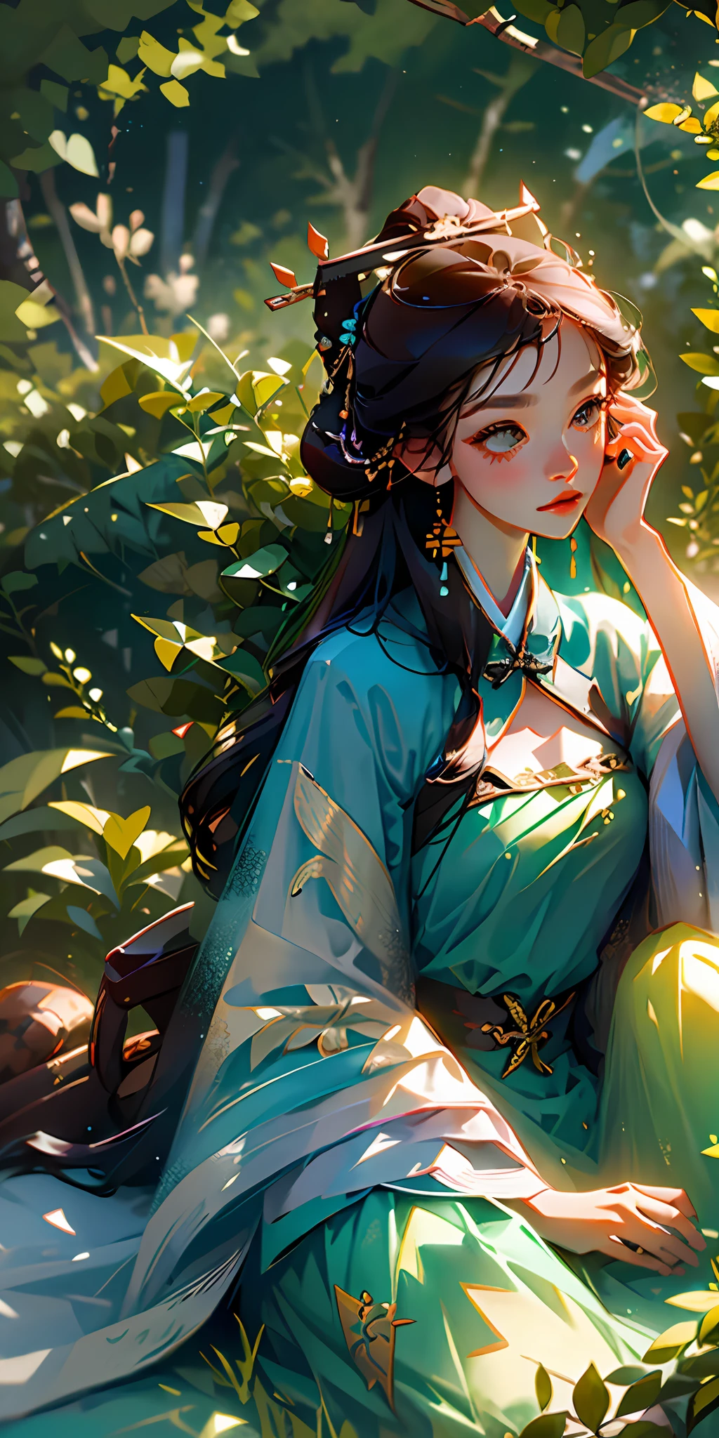 (Masterpiece, best quality), 1 girl sitting in field of greenery and flowers, clear face, ancient Chinese costume, Hanfu, ancient hair ornament, jewelry, sunshine, epic composition, highest quality, 8K