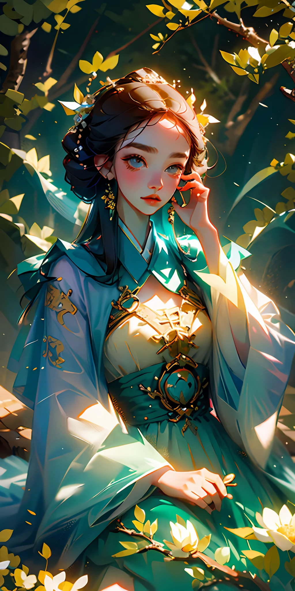 (Masterpiece, best quality), 1 girl sitting in field of greenery and flowers, clear face, ancient Chinese costume, Hanfu, ancient hair ornament, jewelry, sunshine, epic composition, highest quality, 8K