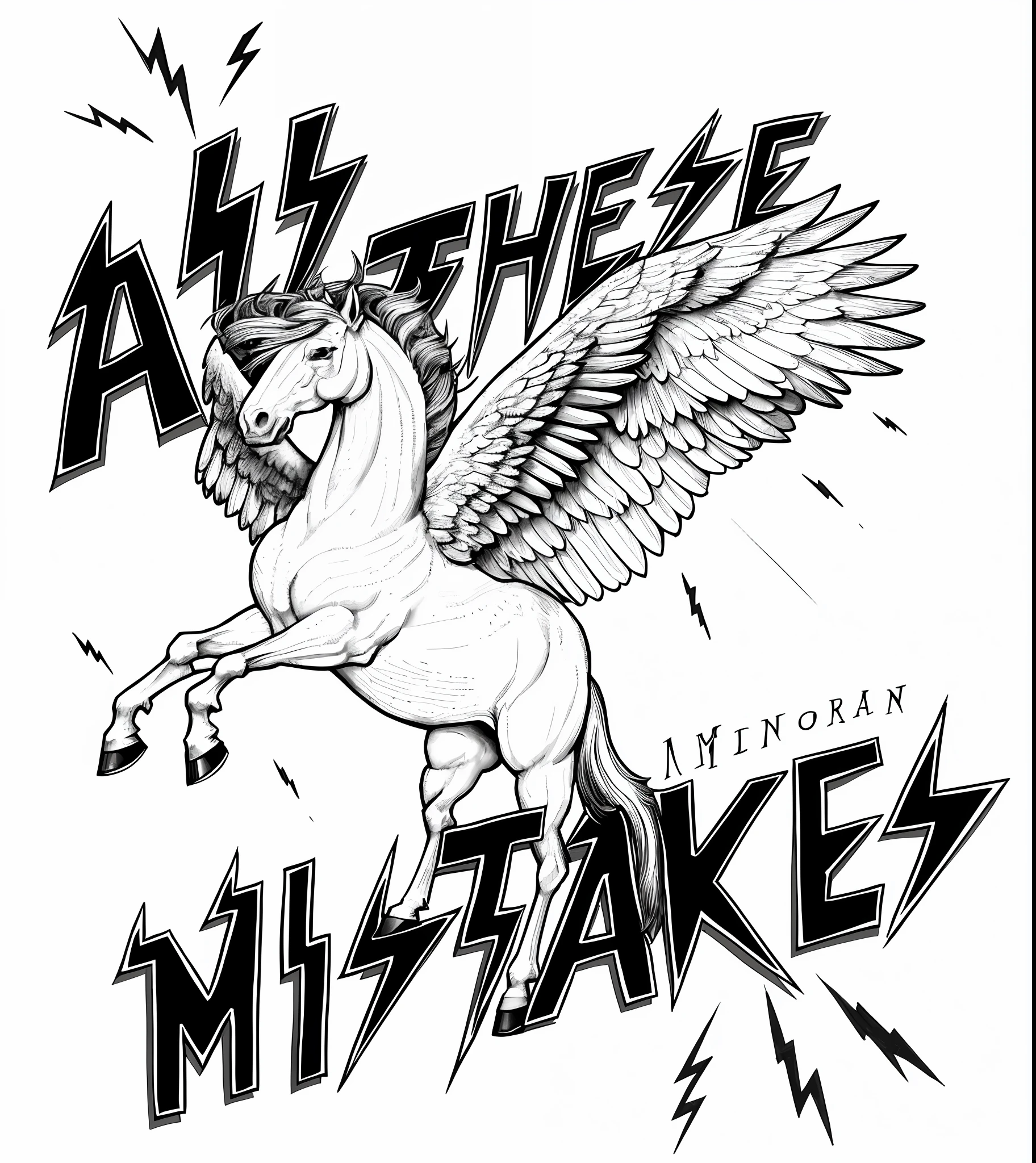 a black and white drawing of a horse with wings and a lightning bolt, mcbess illustration, highres, artist unknown, official illustration, an illustration, official artwork, high res, lowres, black and white illustration, mcbess, high-res, high - res, mcbess poster, full res, added detail, promotional artwork, published art, book cover illustration