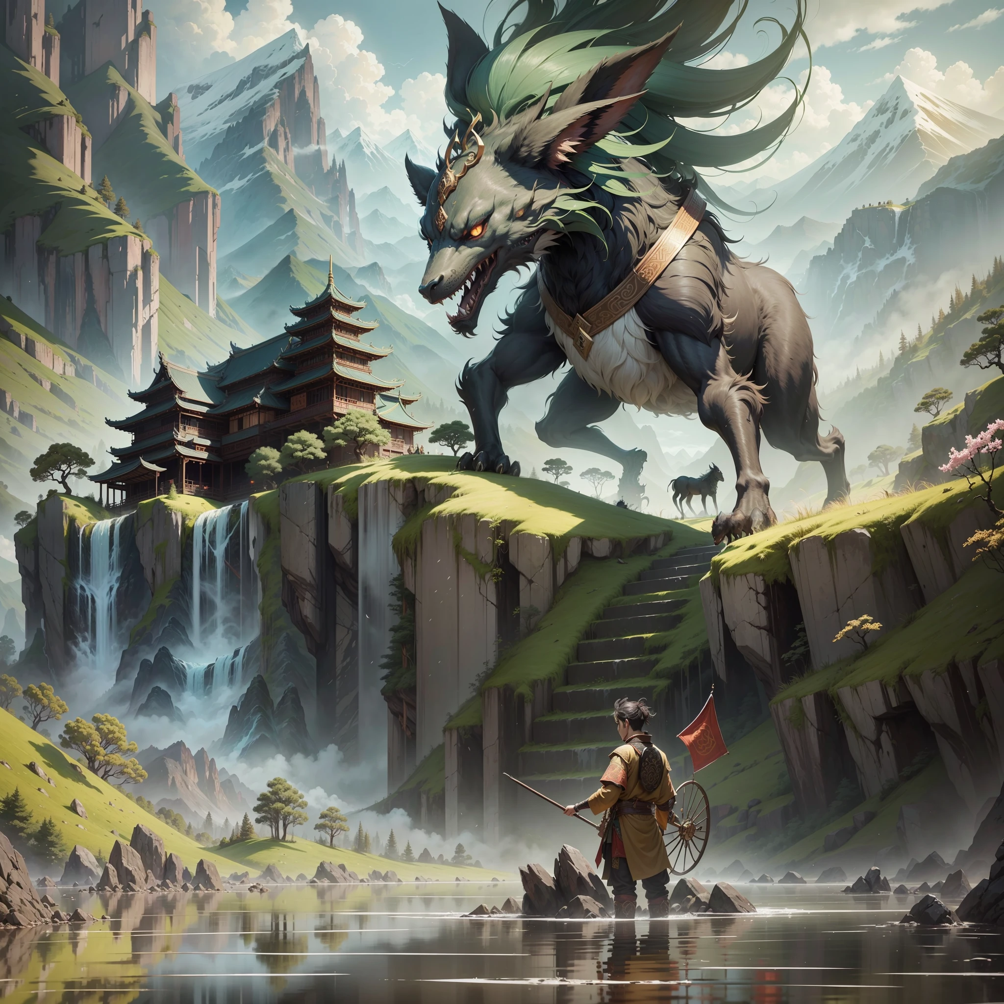This image is a Chinese ancient style painting with a touch of fantasy and post-apocalyptic elements. The landscape features mountain ranges and forests on both sides, resembling a world forgotten by time. A winding river runs through the mountains, and a small boat floats on it. A young man in ancient clothing stands at the bow, gazing into the distance with complex emotions. The surroundings are infested with countless vicious and malevolent beasts, lurking in the forests or wandering along the riverbank. Their ferocity and sinister aura leave a deep imprint on the land. In the distant sky, many mythical beasts fly about, whose manic cries resound in the air. --auto --s2