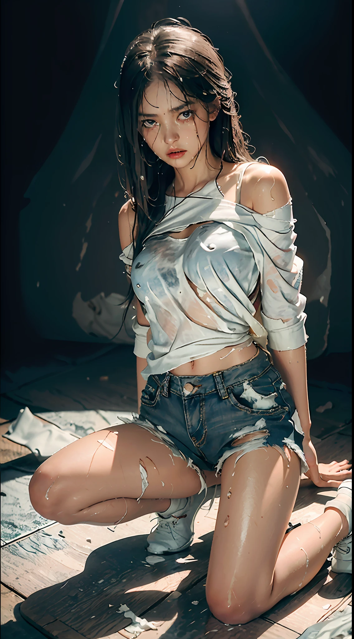 best image quality, masterpiece, super high resolution, (fidelity:1.4), photo, 1 girl, white shirt, torn jeans, white sneakers, dim, darkness, despair, pity, poor, movie, tears, teardrops, (torn clothes:1.5), (wet clothes:1.4), bare shoulders, real rain, wet hair,..