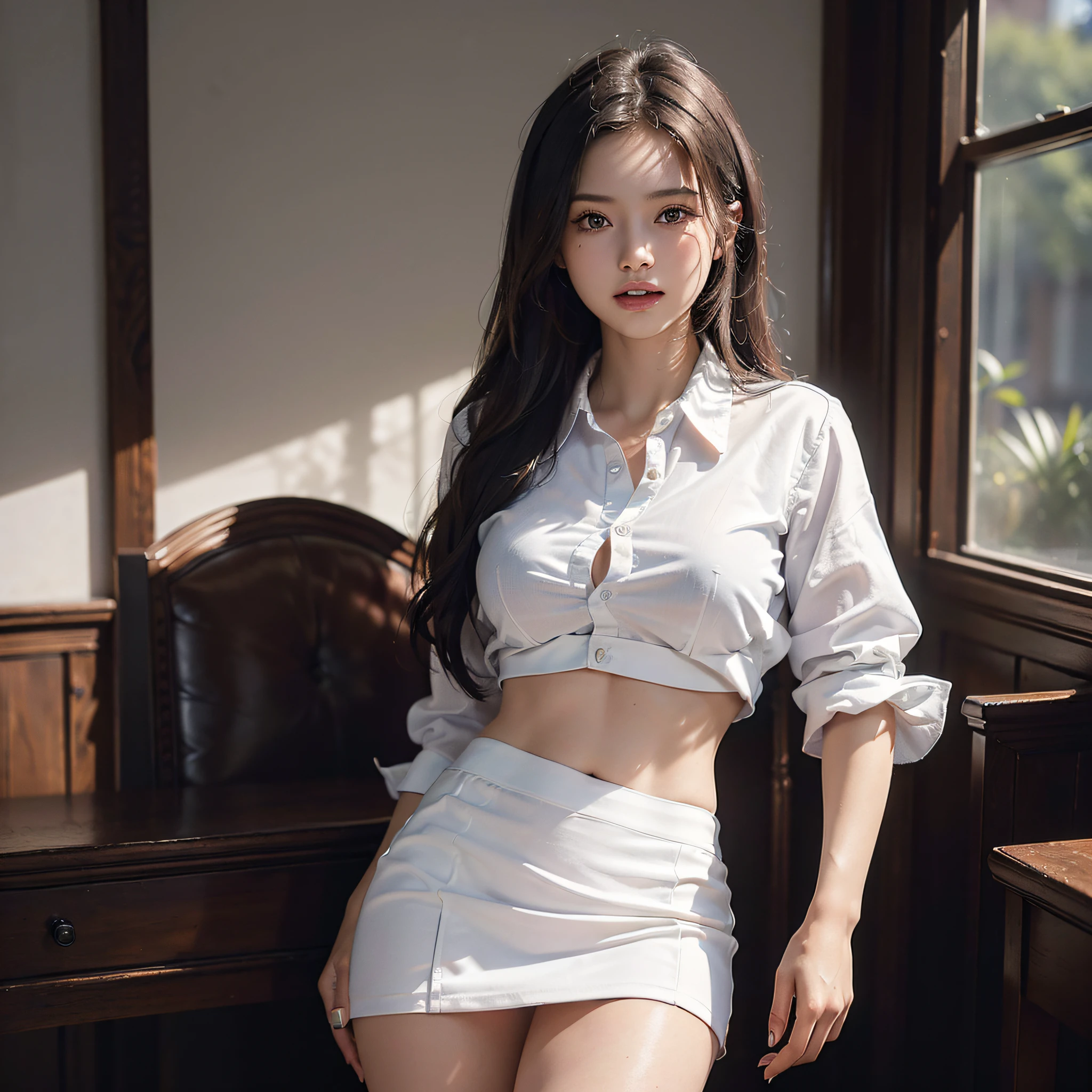 (masterpiece, best quality, beautiful quality, photorealistic, looking at viewer, detailed lighting, extremely detailed skin, extremely detailed hair, extremely detailed teeth, shadows, 8k:1.2), (a picture of a woman is a (student), 1girl:1.2),(school uniform),(unbuttoned shirt),(mini skirt),(upskirt),(white panties),(no bra)