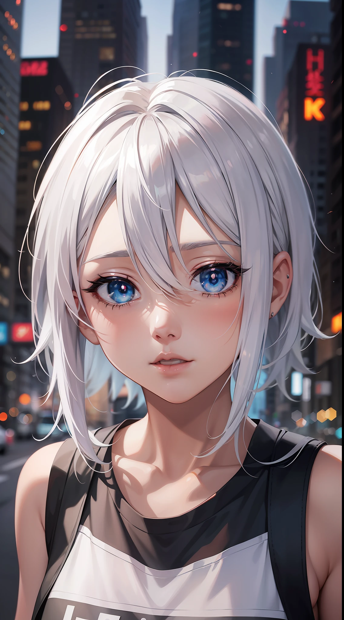 Anime girl with white hair and blue eyes in the city, seductive anime girl, T-shirt, perfect girl with white hair, girl with white hair, detailed digital anime art, beautiful anime girl, anime style 4 K, anime art wallpaper 8 K, beautiful and attractive anime woman, advanced digital anime art, beautiful anime woman, 4k anime wallpaper, anime art wallpaper 4k, gray hair, orange light sign, big led light, orange background