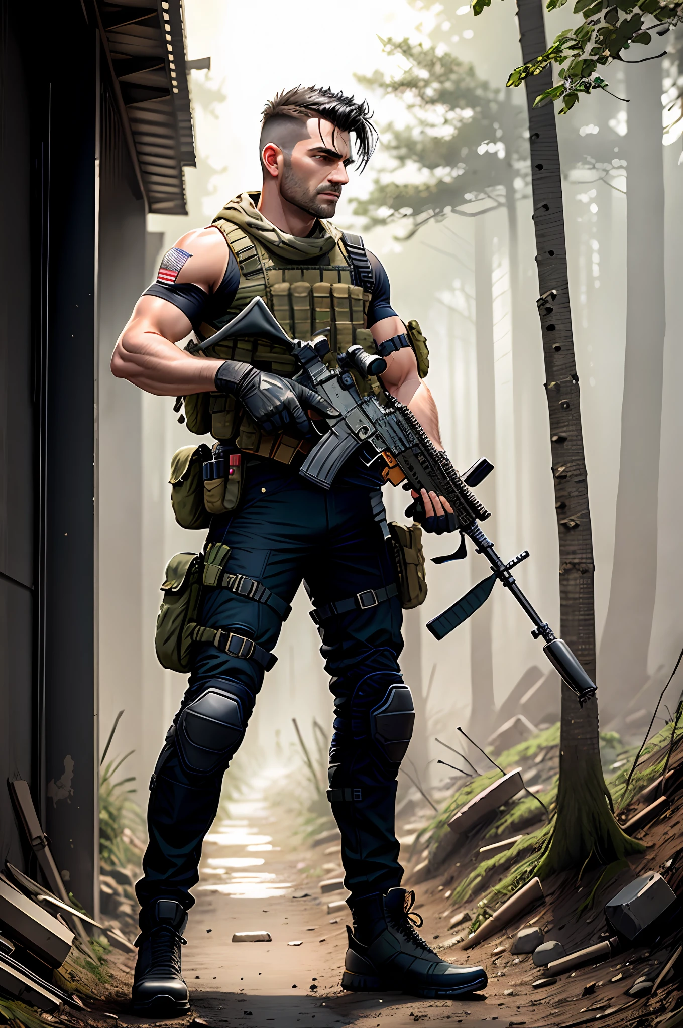 boots, british male, full body, aiming and firing a m16, m16a2, assault rifle, knee pads, male focus, military, blue military uniform, pouch, black hair, clean-shaven, solo, assault vest, drop-down pistol holster, jungle background, battle, tanks, explosions, gritty war-torn atmosphere, black ops, rifle, ar15, colt,