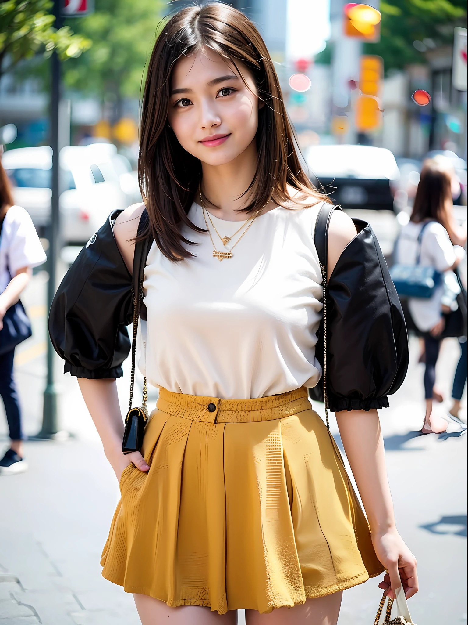18 year old girl with perfect face and big, café, right hand with hair, cute clothes, slim and slender physique. The skin has detailed and highly detailed eyes (1.1 emphasis), very detailed skin texture (1.1 emphasis). Slender necklace, model photo style, photorealistic, skin texture is real human skin texture, detailed skin pores, intricate details, eyes are very detailed, tight skirt with black pattern: 1.5, fluffy cream shirt with sleeves: 1.2, beige bag, street, smile, viewer's eye view, dimpled