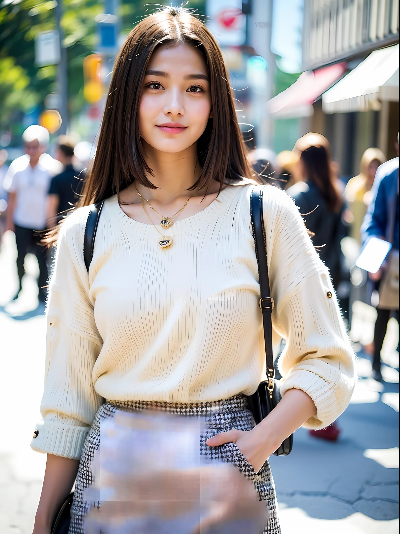 18 year old girl with perfect face and big, café, right hand with hair, cute clothes, slim and slender physique. The skin has detailed and highly detailed eyes (1.1 emphasis), very detailed skin texture (1.1 emphasis). Slender necklace, model photo style, photorealistic, skin texture is real human skin texture, detailed skin pores, intricate details, eyes are very detailed, tight skirt with black pattern: 1.5, fluffy cream shirt with sleeves: 1.2, beige bag, street, smile, viewer's eye view, dimpled