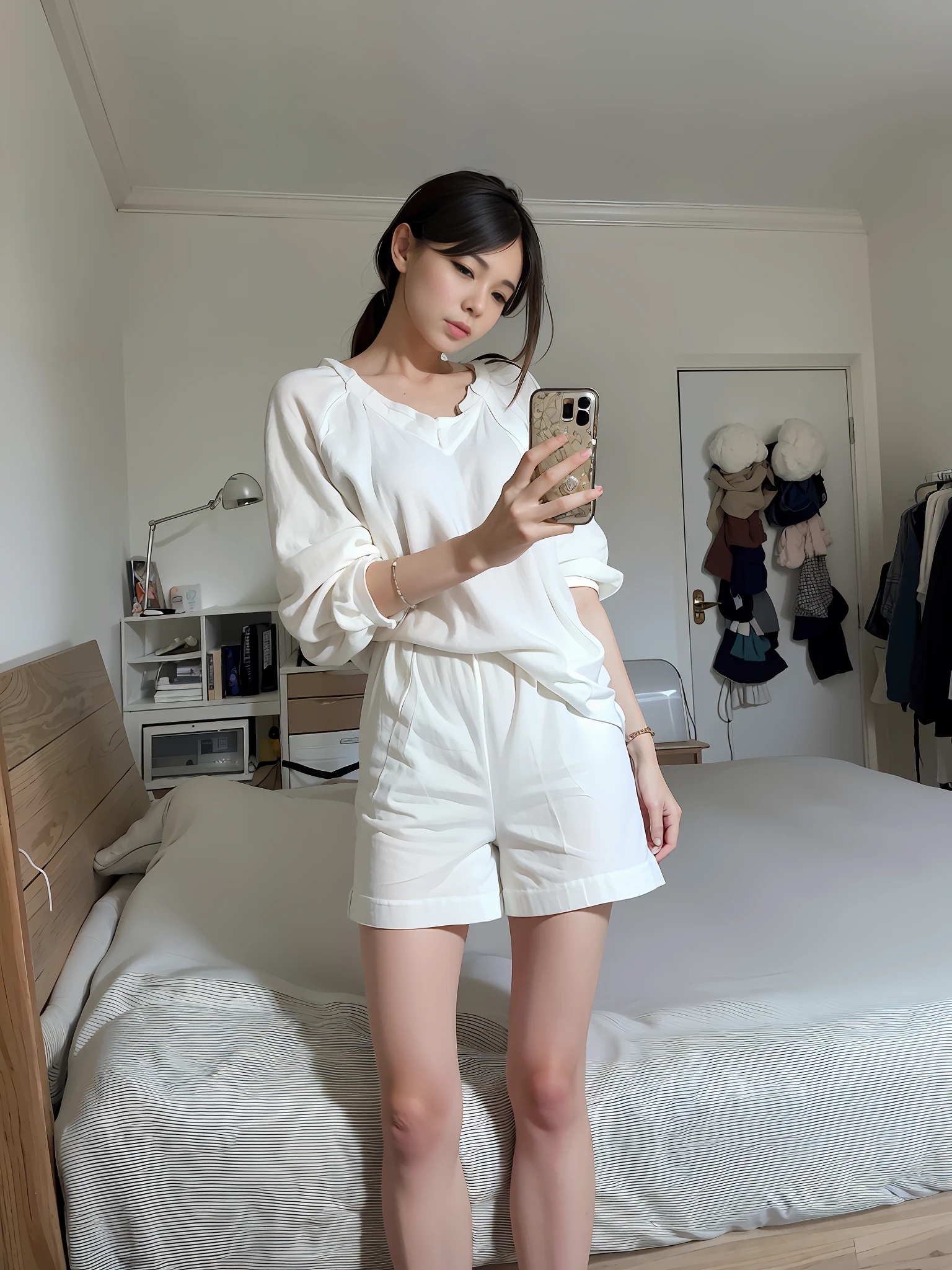 araffe woman in white pajamas taking a selfie in a bedroom, in white clothes, white clothes, wearing white clothes, casual white garment, wearing white pajamas, white trendy clothes, white fluffy cotton shorts, white outfit, white silky outfit, with a long white, smooth white tight clothes suit, white puffy outfit, white sleeves, with short hair
