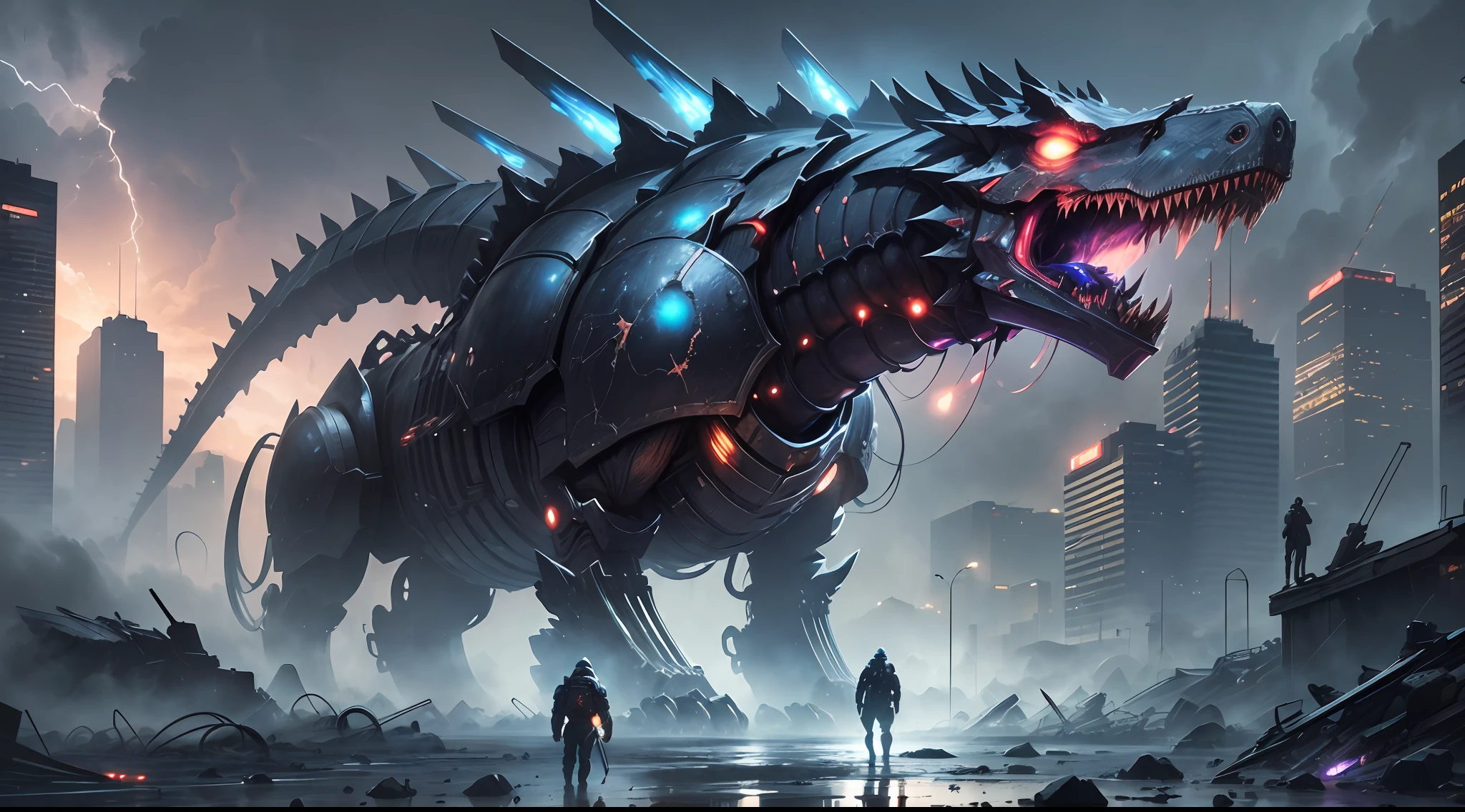 ((big scene, science fiction movie, disaster movie, epic composition)), space city, a group of future warriors wearing exquisite and detailed armor and a mechanical dinosaur fierce battle, huge mechanical insects flying all over the sky, engines, hydraulics, neon lights, fierce battles, rainy days in the night, (epic picture), mechanical armor, (movie shots), super clear picture, complex details, complex dark night background ((corpse)), (shabby), (battlefield)), (bloodstain), glazed tiles, absurdity, Realistic lighting, (abyss) masterpiece, high quality, beautiful graphics, high detail --auto --s2