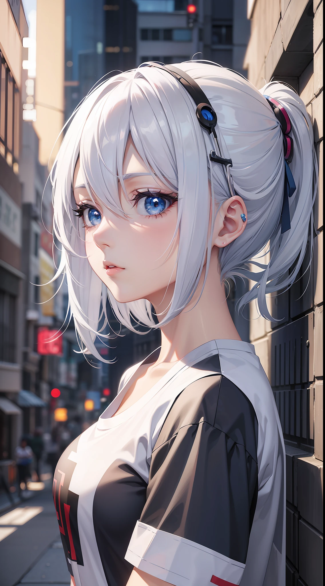 Anime girl with white hair and blue eyes in the city, seductive anime girl, T-shirt, perfect girl with white hair, girl with white hair, detailed digital anime art, beautiful anime girl, anime style 4 K, anime art wallpaper 8 K, beautiful and attractive anime woman, advanced digital anime art, beautiful anime woman, 4k anime wallpaper, anime art wallpaper 4k, gray hair