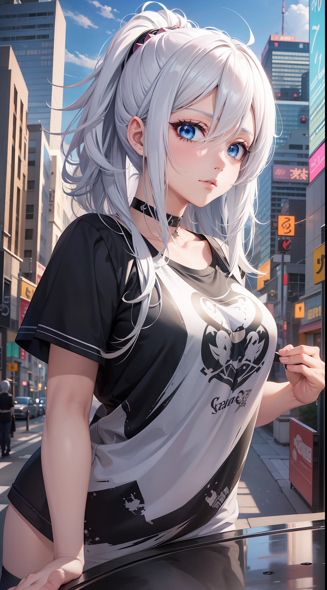 Anime girl with white hair and blue eyes in the city, seductive anime girl, T-shirt, perfect girl with white hair, girl with white hair, detailed digital anime art, beautiful anime girl, anime style 4 K, anime art wallpaper 8 K, beautiful and attractive anime woman, advanced digital anime art, beautiful anime woman, 4k anime wallpaper, anime art wallpaper 4k, gray hair