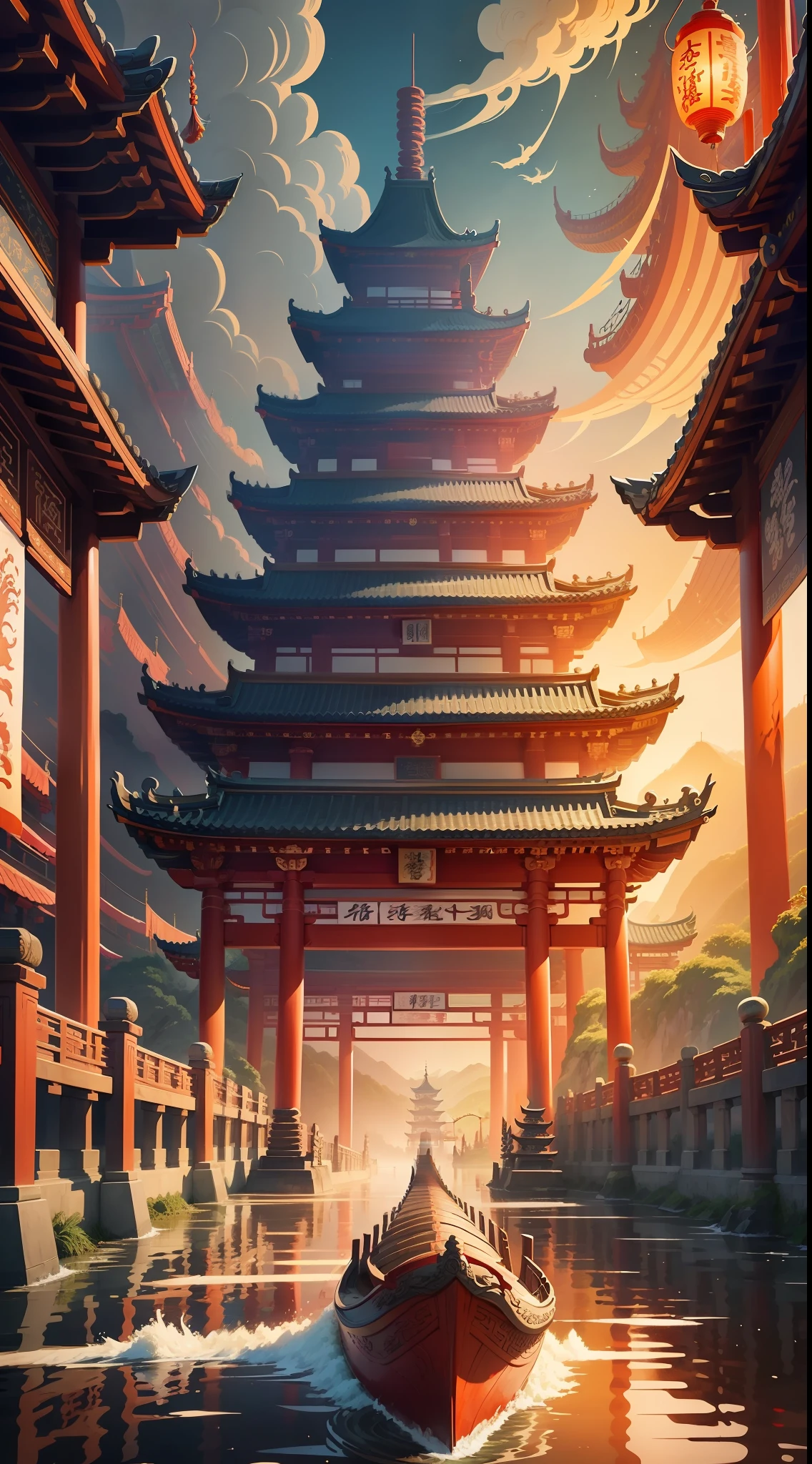 People rowing dragon boat, background is a bridge, national tide wind, national tide wind, a beautiful artwork illustration, background depicting a torii, Foshan ancestral temple, stylized digital illustration, detailed digital illustration, temple background, full color illustration, higher detail illustration, background artwork, ancient Chinese art style, Chinese fantasy, full color digital illustration, official artwork