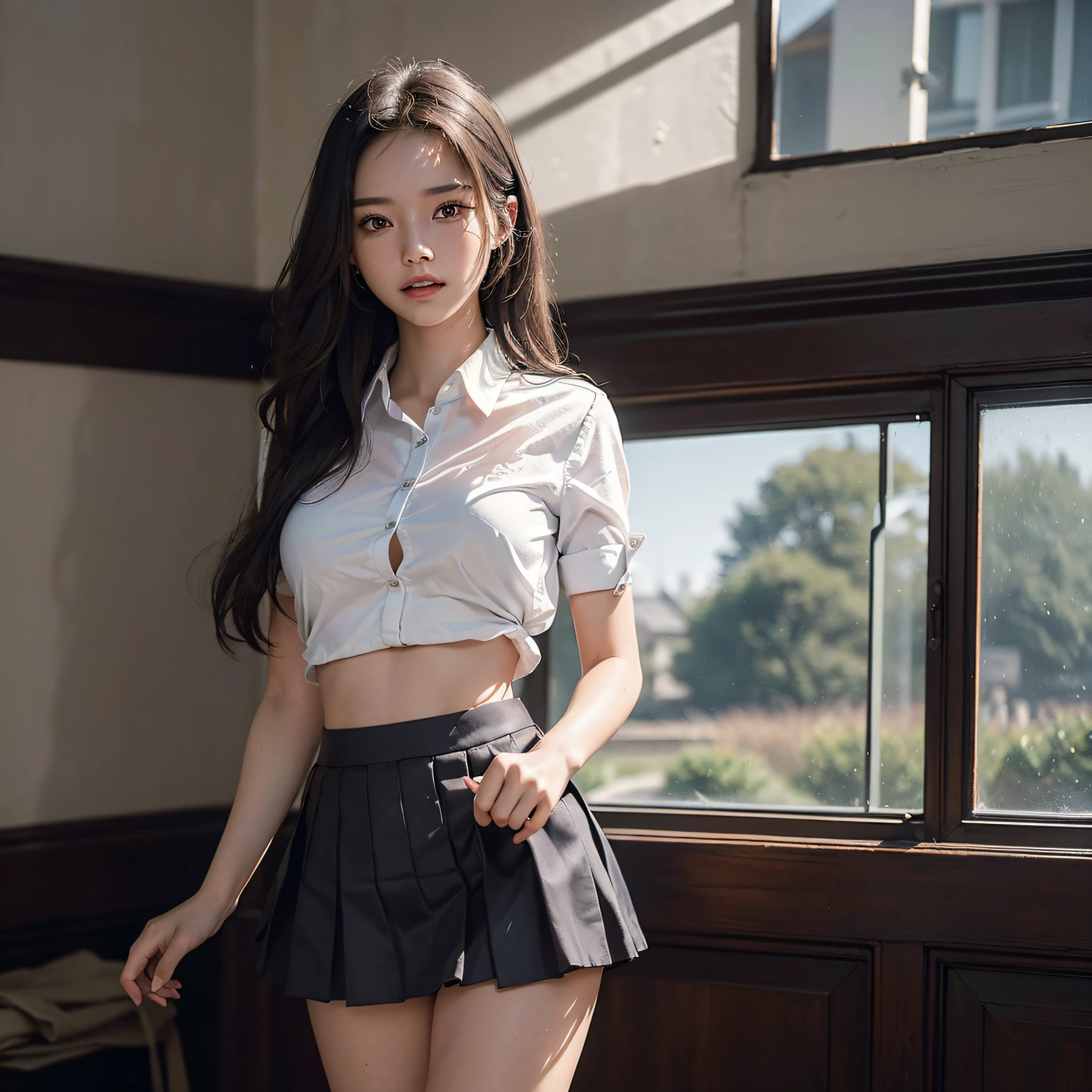 (masterpiece, best quality, beautiful quality, photorealistic, looking at viewer, detailed lighting, extremely detailed skin, extremely detailed hair, extremely detailed teeth, shadows, 8k:1.2), (a picture of a woman is a (student), 1girl:1.2),(school uniform),(unbuttoned shirt),(mini skirt),(lift the skirt),(white panties),(no bra)