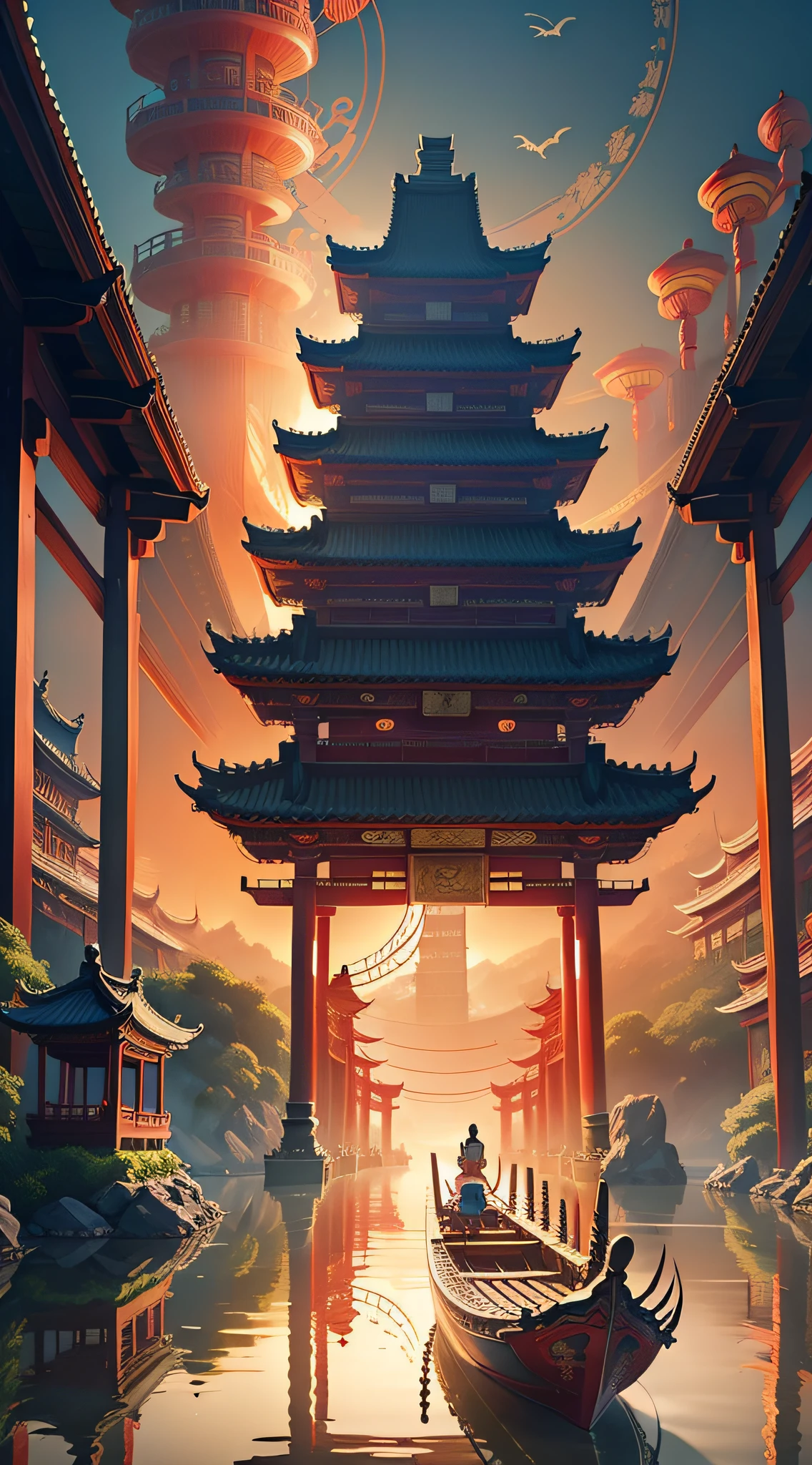 People rowing dragon boat, background is a bridge, national tide wind, national tide wind, a beautiful artwork illustration, background depicting a torii, Foshan ancestral temple, stylized digital illustration, detailed digital illustration, temple background, full color illustration, higher detail illustration, background artwork, ancient Chinese art style, Chinese fantasy, full color digital illustration, official artwork