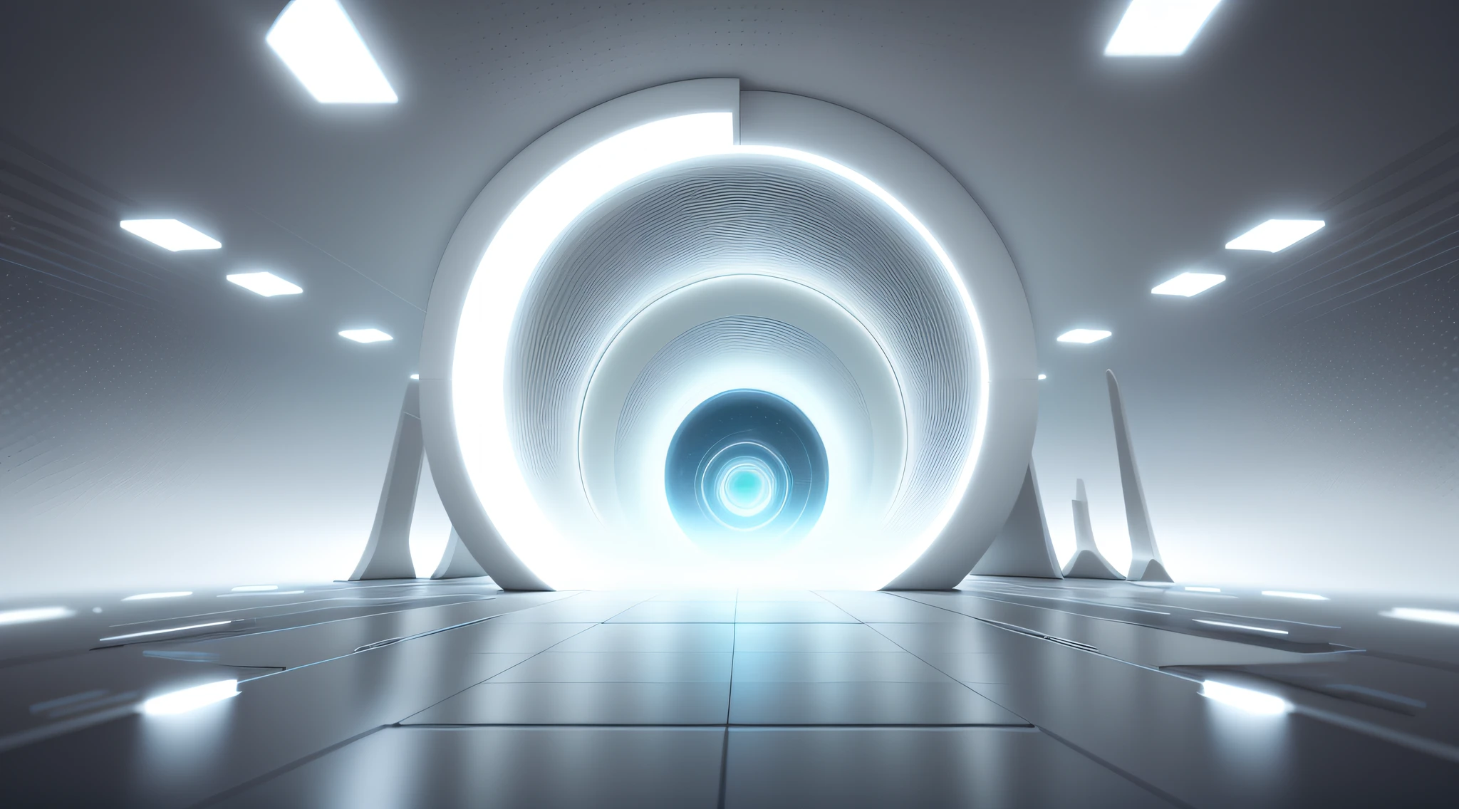Wide and grand white futuristic AI square, white, glowing circular space-time tunnel, vista, empty, light signal, circuit, transparent glass texture, 3D, bright white background, overlook, dot perspective, light technology, masterpiece, high detail, best quality, high quality, very detailed CG unity 8k wallpaper,