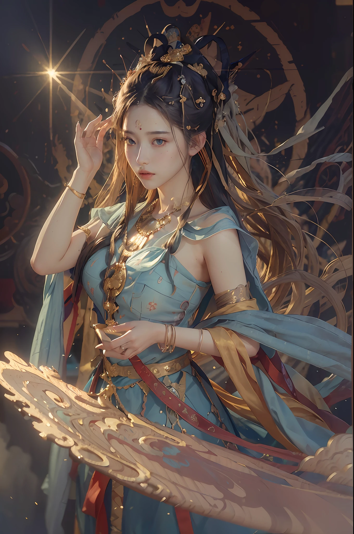 (RAW photo, best quality), (realistic, photo-realistic:1.3),best quality,highly detailed,masterpiece,ultra-detailed,illustration,1girl,upper_body,dynamic angle,world masterpiece theater,messy_long_hair,best quality,extremely detailed CG unity 8k wallpaper,ink,Amazing,cinematic lighting,lens_flare,,dunhuang_style