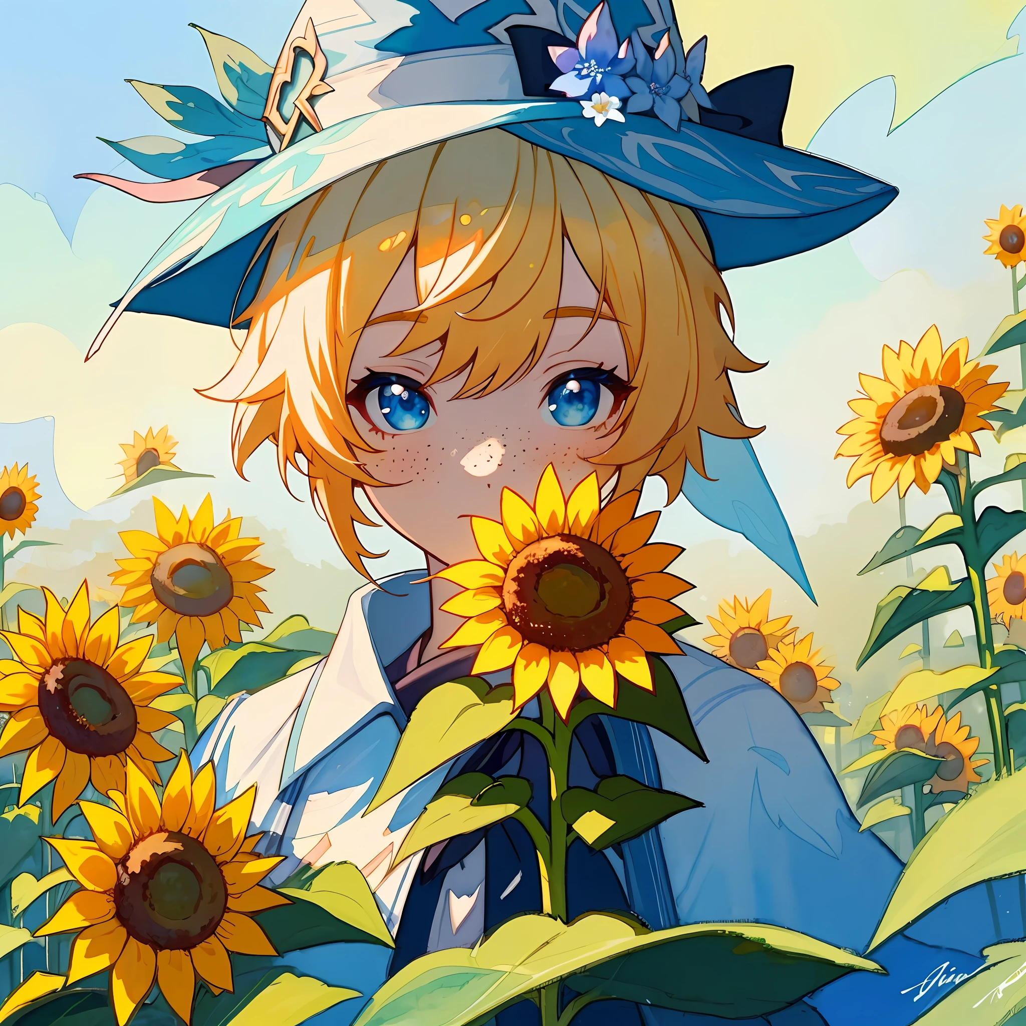 (watercolor:1.2),sharp focus:1.2,highest quality Len's,1girl, solo, flower, sunflower,freckles, portrait, wizard of flowers, sunny, genshin impact character, leaf, bangs, signature, wearing wizard clothing, wearing a huge wizard hat,blue eyes, surrounded by blue flowers,close up shot, beautiful,highest quality digital art, Stunning art, wallpaper 4k,8k,64k, HD, unparalleled masterpiece, dynamic lighting, cinematic, epic