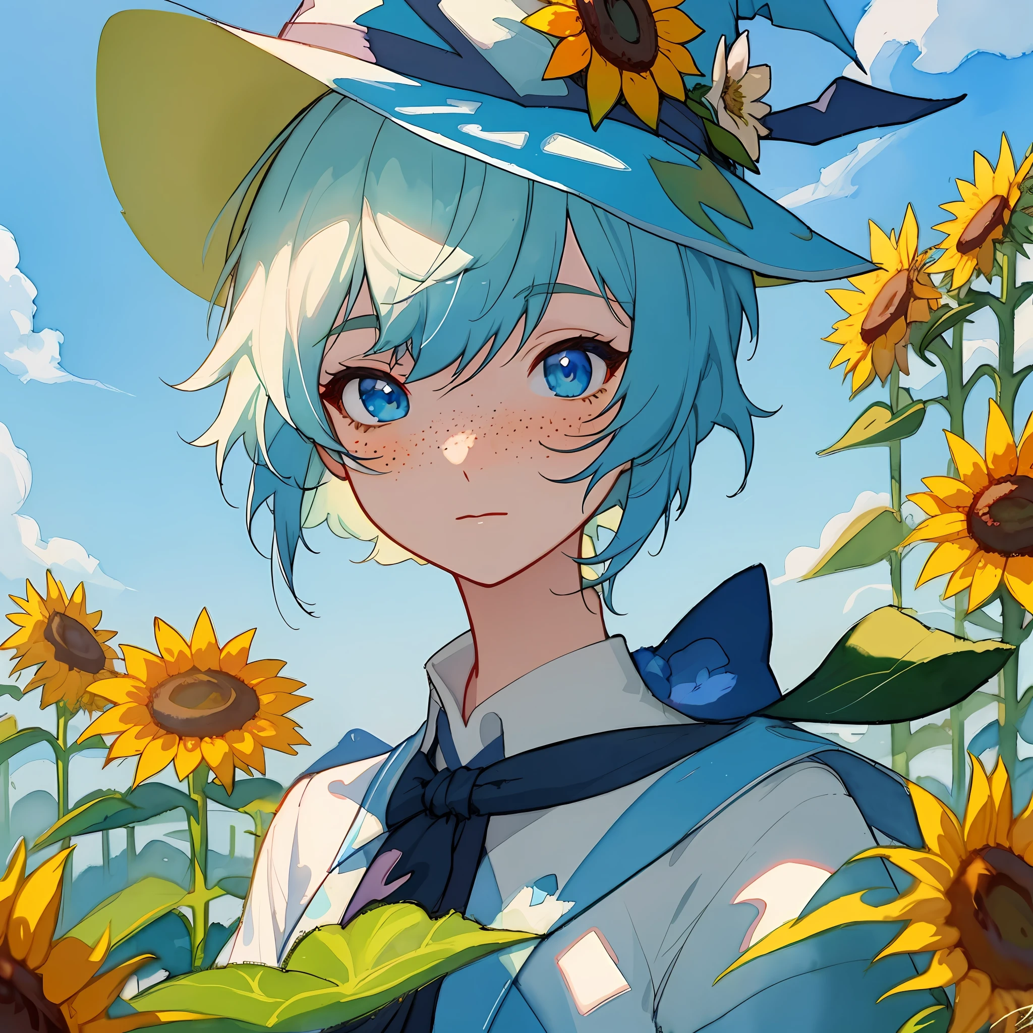 (watercolor:1.2),sharp focus:1.2,highest quality Len's,1girl, solo, flower, sunflower,freckles, portrait, wizard of flowers, sunny, genshin impact character, leaf, bangs, signature, wearing wizard clothing, wearing a huge wizard hat,blue eyes, surrounded by blue flowers,close up shot, beautiful,highest quality digital art, Stunning art, wallpaper 4k,8k,64k, HD, unparalleled masterpiece, dynamic lighting, cinematic, epic