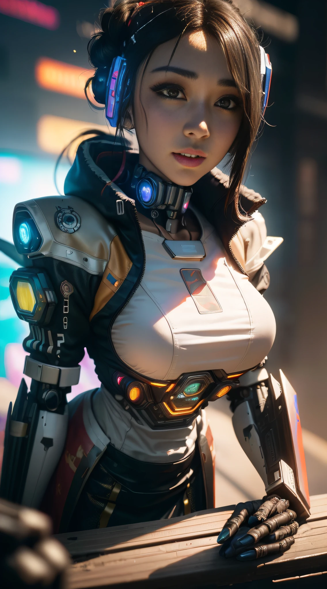 ((Best quality)), ((masterpiece)), (highly detailed:1.3), 3D, beautiful, (cyberpunk:1.6), in space, nebulous, (holding_nothing:1.3), laser, (1Female Mecha:1.7), naked sexy body, facing the audience, bright eyes, naked whole body, (flying, descending, dynamic, motion blur around: 1.2), (huge wings of wicks: 1.8), looking at the horizon, glowing_eyes, mecha, panorama,  background is earth, nebula, space, particles, Reality, HDR (High Dynamic Range), Ray Tracing, NVIDIA RTX, Super Resolution, Unreal 5, Subsurface Scattering, PBR Textures, Post-Processing, Anisotropic Filtering, Depth of Field, Maximum Clarity and Clarity, Multilayer Textures, Albedo and Specular Maps, Surface Shading, Accurate Simulation of Light-Material Interaction, Perfect Proportions, Octane Render, Nine-Tone Lighting, Large Aperture,  Low ISO, white balance, rule of thirds, 8K RAW, efficient sub-pixel, sub-pixel volume product, (best quality), (Japanese: 0.6), (Korean: 0.9), (Liu Yi Fei: 1.8) long hair, (large chest: 1.2), (underboob: 1.5), (mini black transparent lace skirt: 1.5)