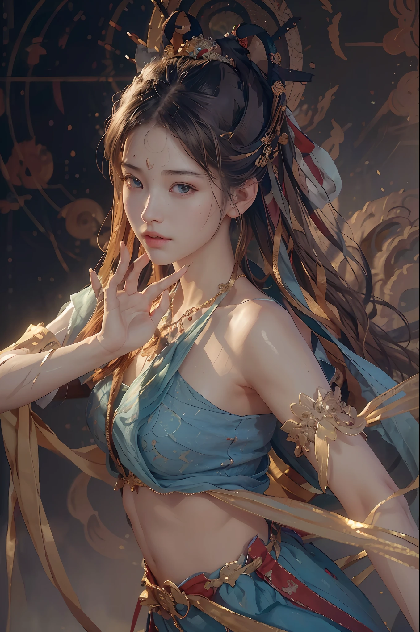 (RAW photo, best quality), (realistic, photo-realistic:1.3),best quality,highly detailed,masterpiece,ultra-detailed,illustration,1girl,upper_body,dynamic angle,world masterpiece theater,messy_long_hair,best quality,extremely detailed CG unity 8k wallpaper,ink,Amazing,cinematic lighting,lens_flare,,dunhuang_style