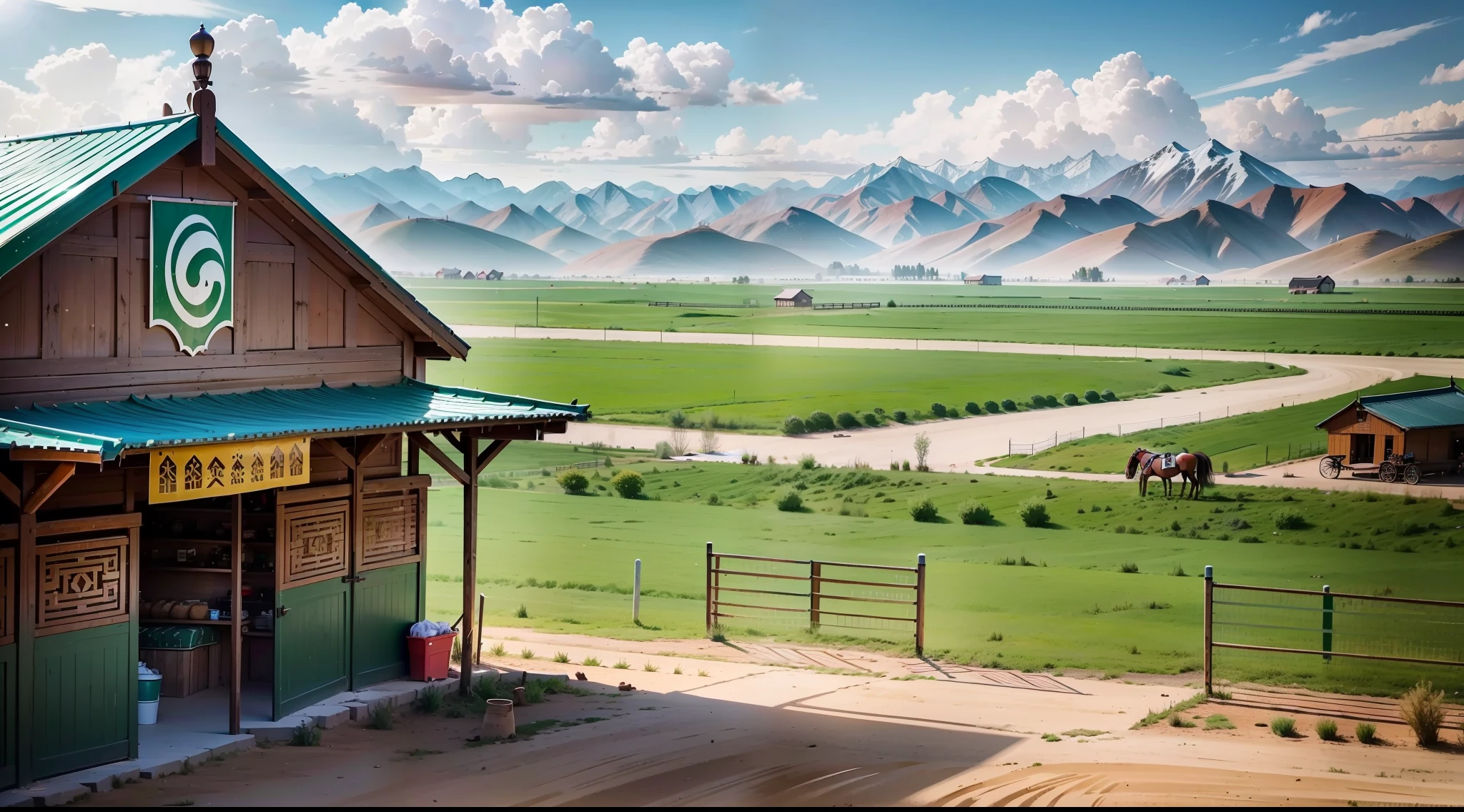 In the Xinjiang grassland, a horse farm for tourists to play, there are rest areas, you can choose horses in the stable, there are outdoor horse fences, for tourists to experience feeding, learn about horse maintenance, there is an open racetrack, there are horse performances, and experience the fun of grassland horse riding