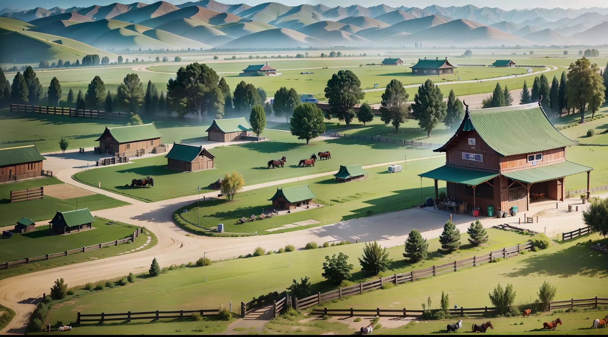 In the Xinjiang grassland, a horse farm for tourists to play, there are rest areas, you can choose horses in the stable, there are outdoor horse fences, for tourists to experience feeding, learn about horse maintenance, there is an open racetrack, there are horse performances, and experience the fun of grassland horse riding