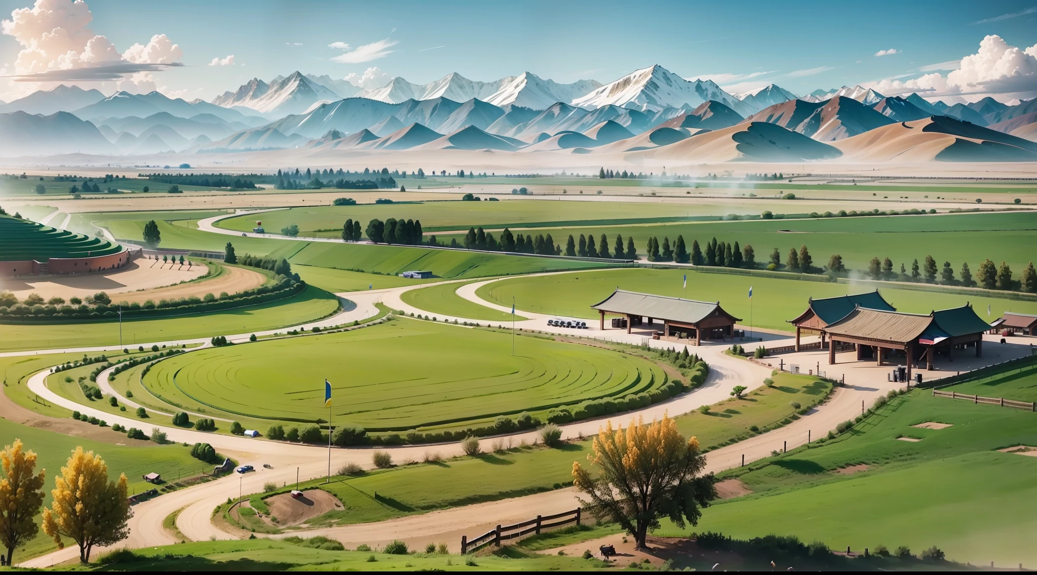 In the Xinjiang grassland, a horse farm for tourists to play, there are rest areas, you can choose horses in the stable, there are outdoor horse fences, for tourists to experience feeding, learn about horse maintenance, there is an open racetrack, there are horse performances, and experience the fun of grassland horse riding